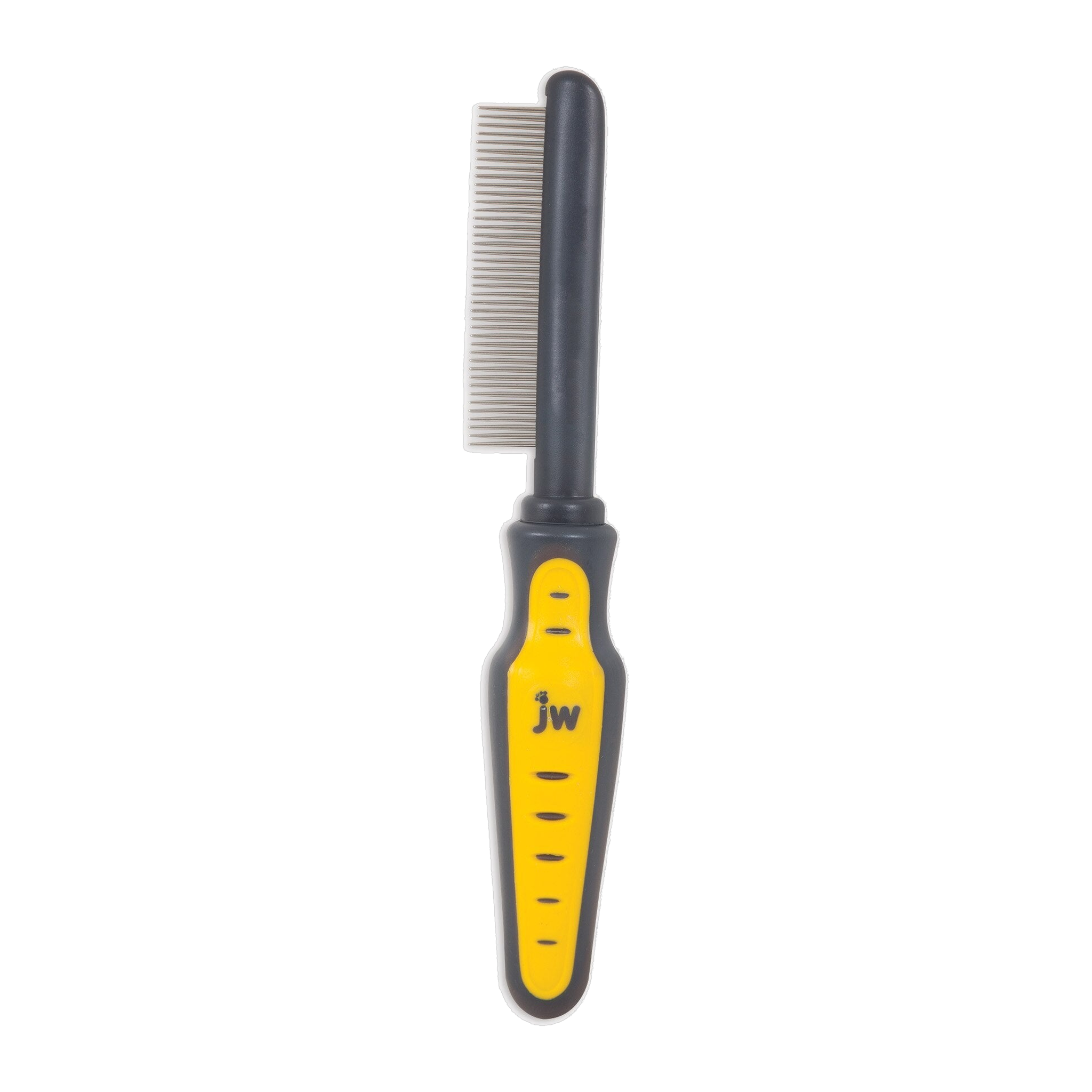 The JW Gripsoft Cat Comb by JW Pet features a yellow and black long handle and closely spaced metal teeth for effective grooming, detangling, loose fur removal, and hairball prevention in cats.