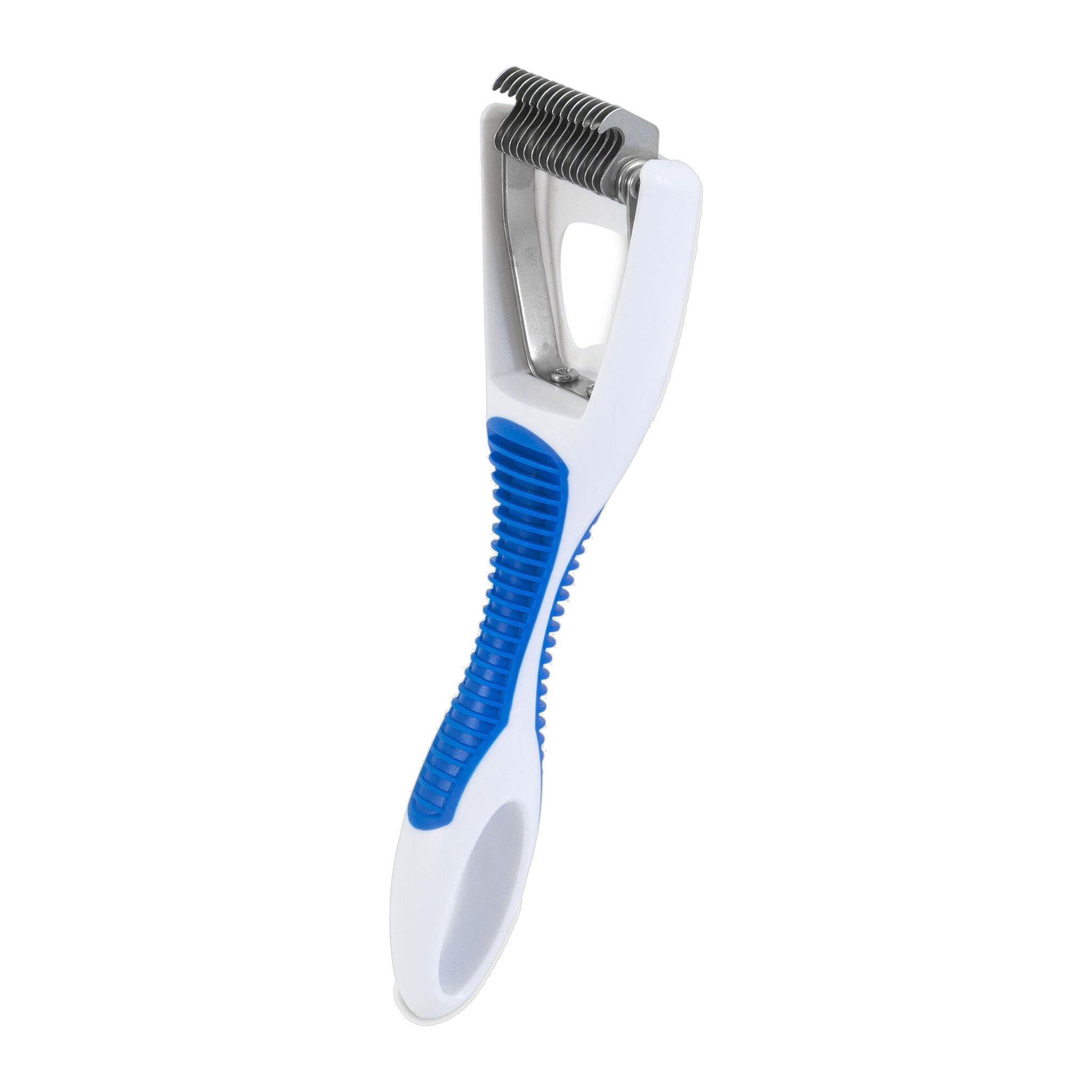 The JW Gripsoft Cat Deshedding Tool by JW Pet is a white and blue grooming tool with a curved handle and multiple stainless steel blades, designed to remove loose fur and tangles from cat coats.