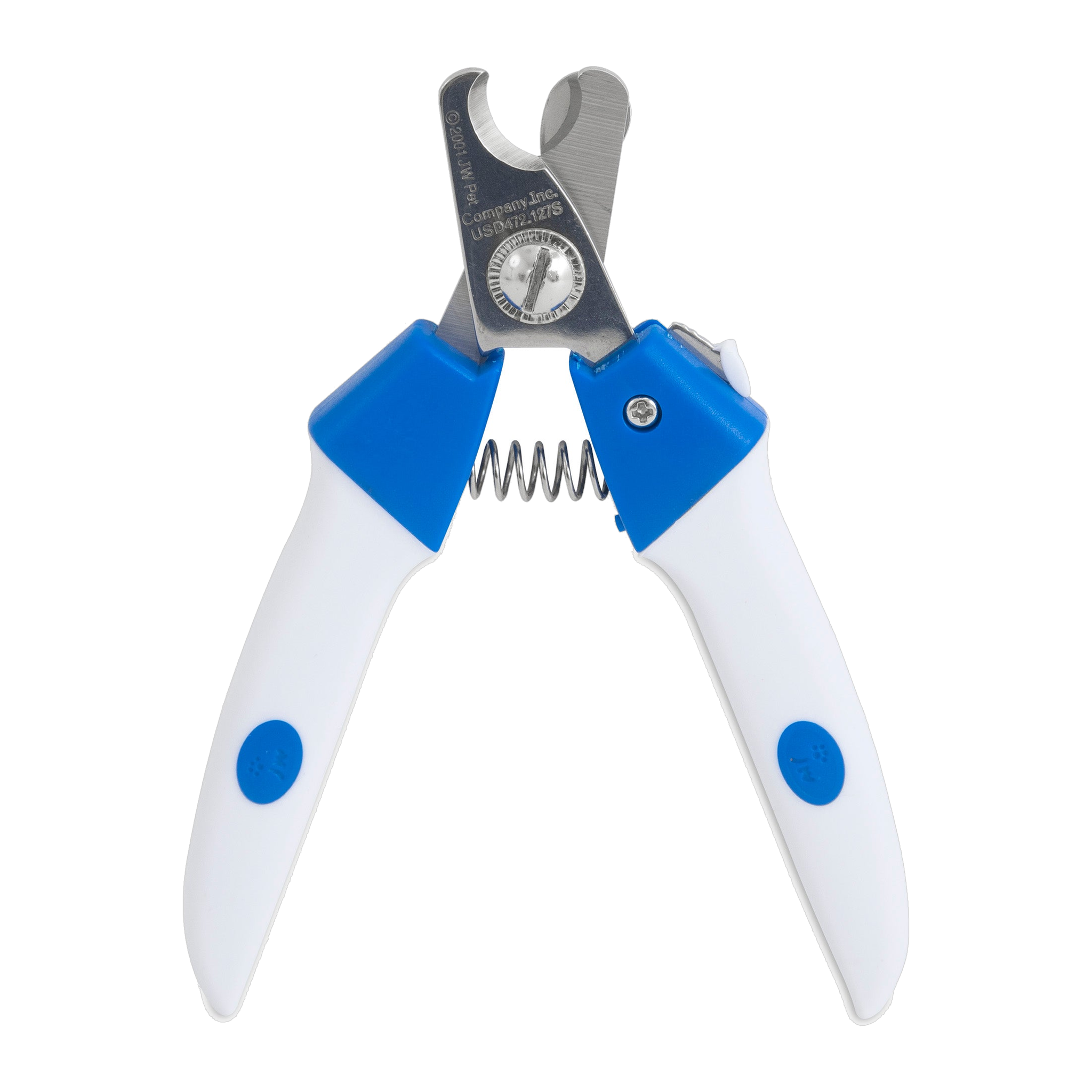 The JW Pet JW Gripsoft Deluxe Dog Nail Clipper features white handles with blue GripSoft grips, a stainless steel blade, safety guard, and spring mechanism for safe and easy pet grooming.
