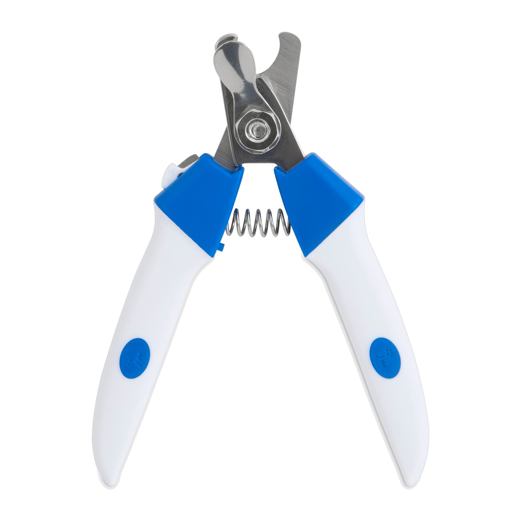 The JW Gripsoft Deluxe Dog Nail Clipper by JW Pet features white handles, blue GripSoft grips, a metal cutting blade, and a visible spring—designed for easy and safe pet grooming.