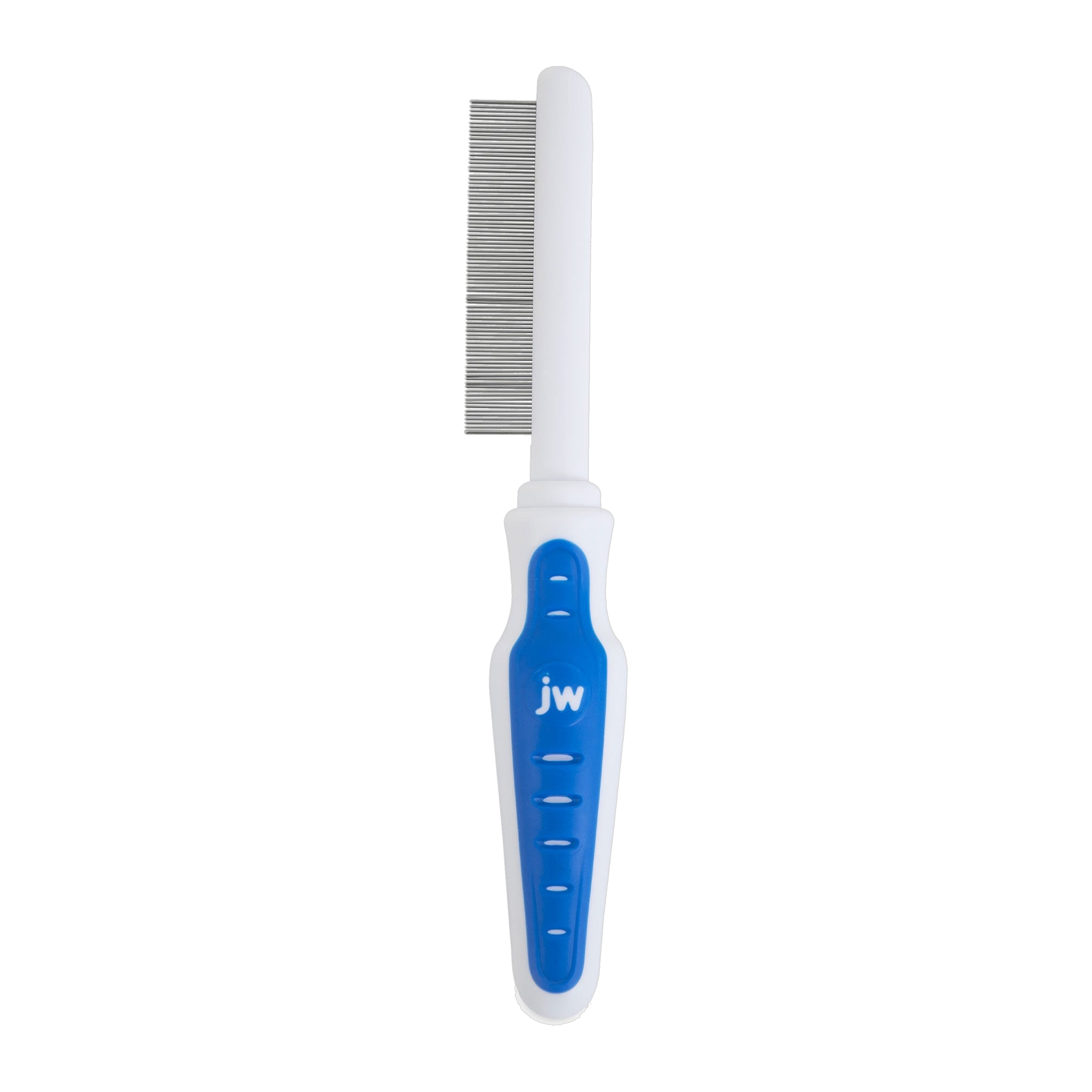The JW Pet JW Gripsoft Flea Comb is a white and blue grooming tool with an ergonomic handle and fine metal teeth, designed for effective pet care.