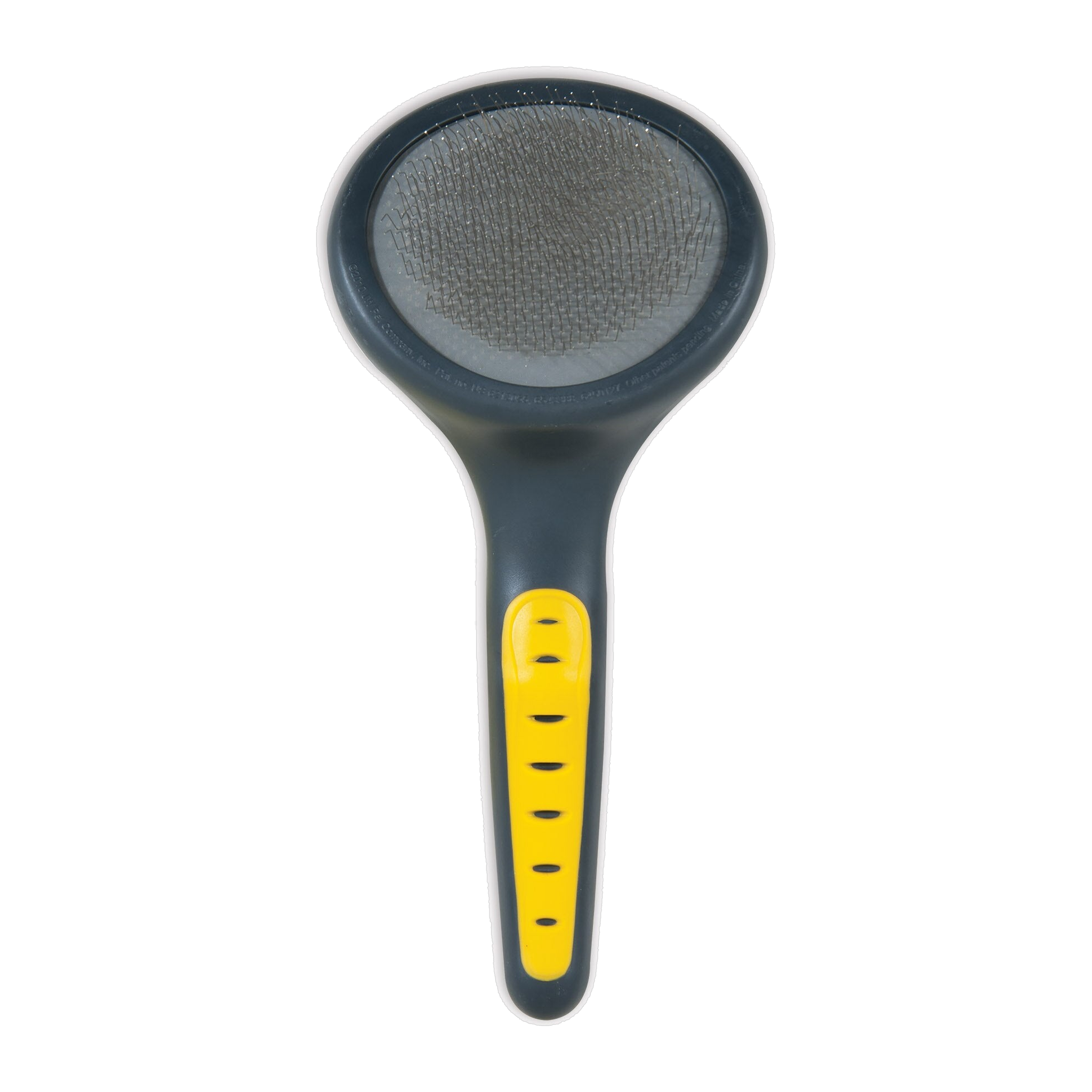 The JW Pet JW Gripsoft Slicker Brush With Soft Pins is a black and yellow pet grooming tool with fine metal bristles, ideal for sensitive skin, shown from above on a white background.