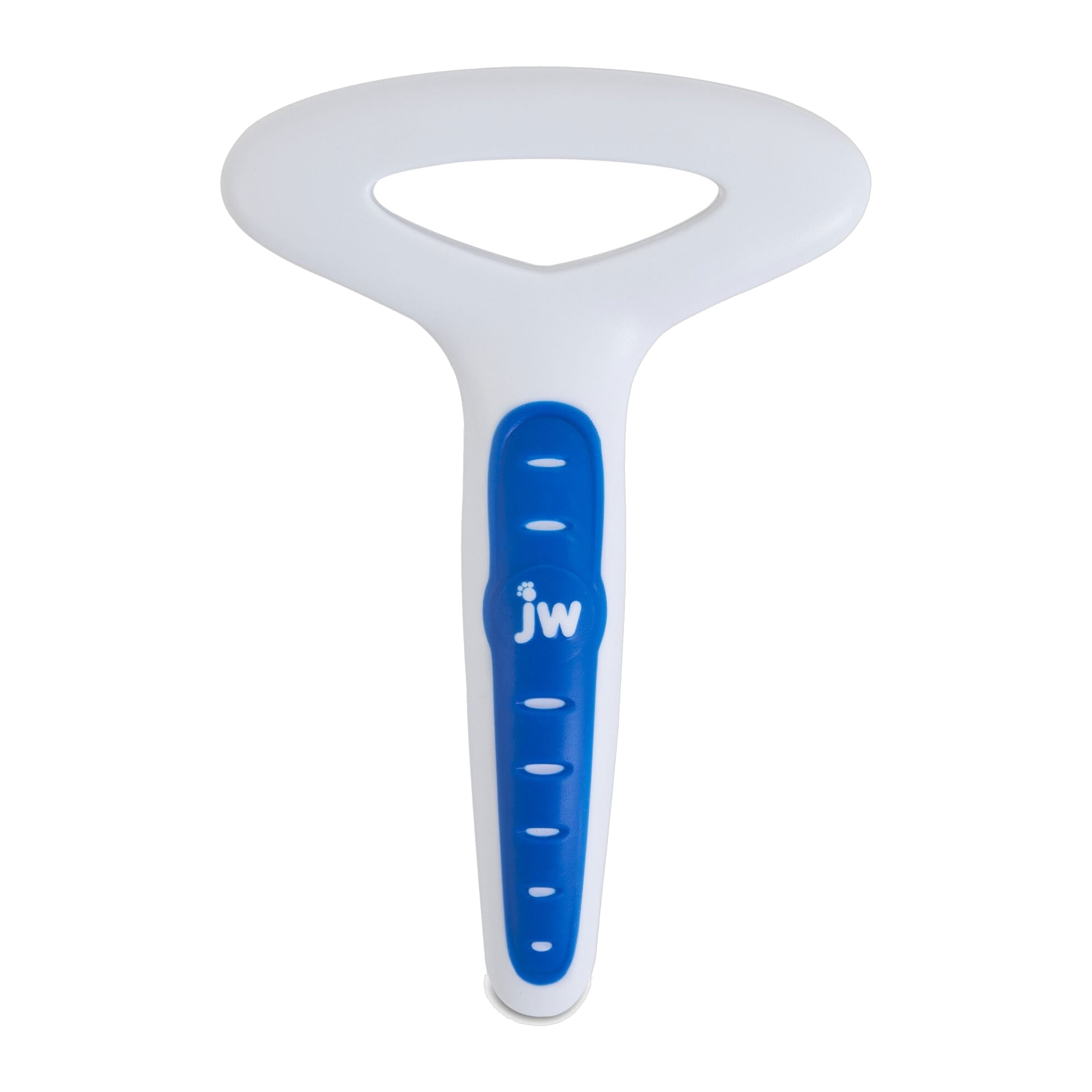 The JW Pet Gripsoft Undercoat Rake is a white and blue plastic dog grooming tool with a wide, triangular handle and flat, toothed edge for shedding hair removal, branded JW with a paw print.