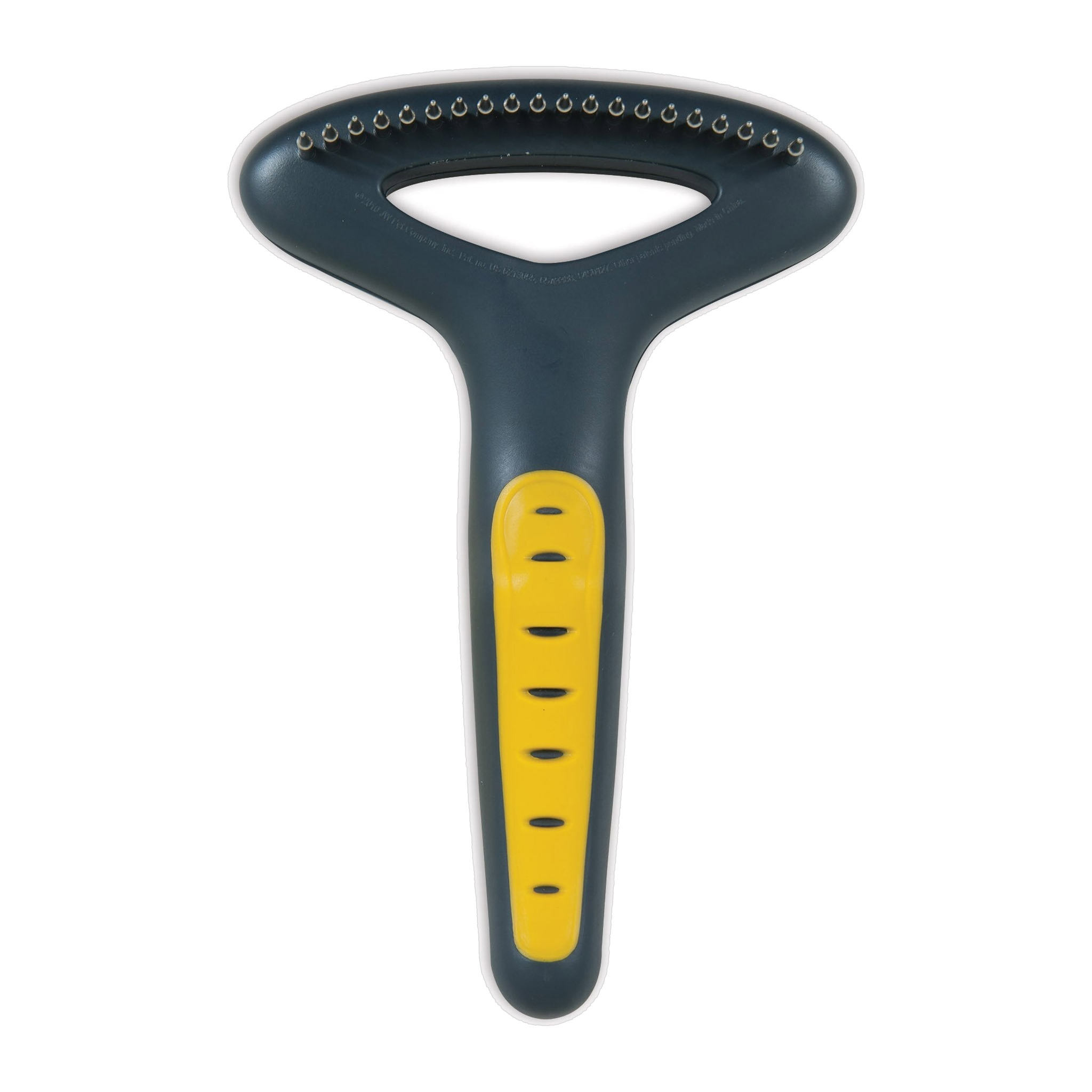 The JW Gripsoft Undercoat Rake by JW Pet is a dark gray and yellow dog grooming tool with a T-shaped handle and rows of metal bristles, designed for efficient removal of shedding hair.
