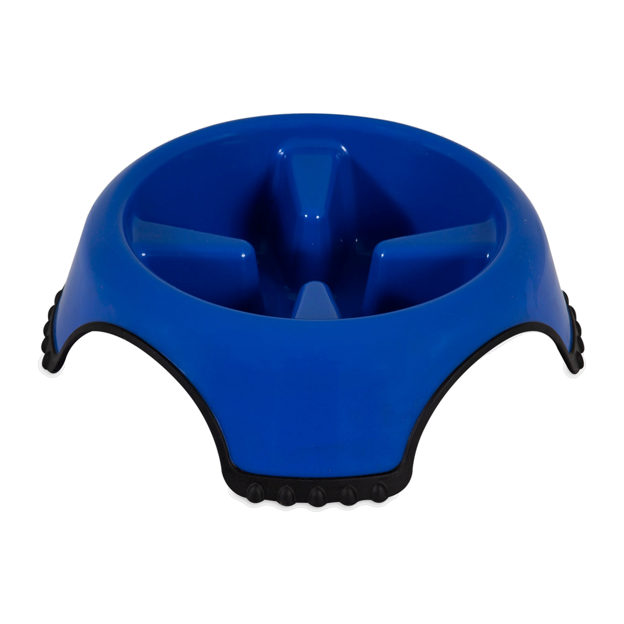 JW Skid Stop Slow Feed Bowl in blue, angled view of the fins and non-slip base