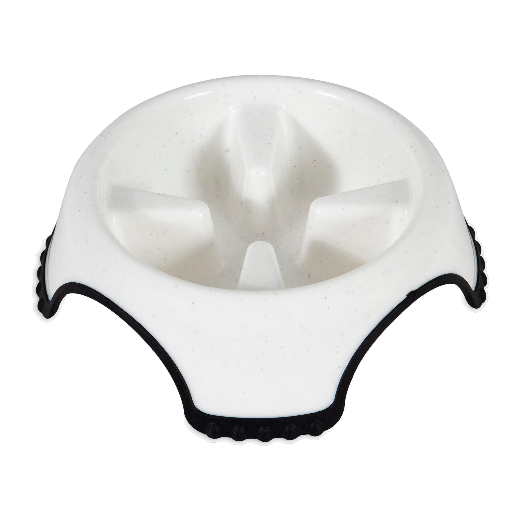 JW Skid Stop Slow Feed Bowl in white speckle, top view of the three slow-feed fins