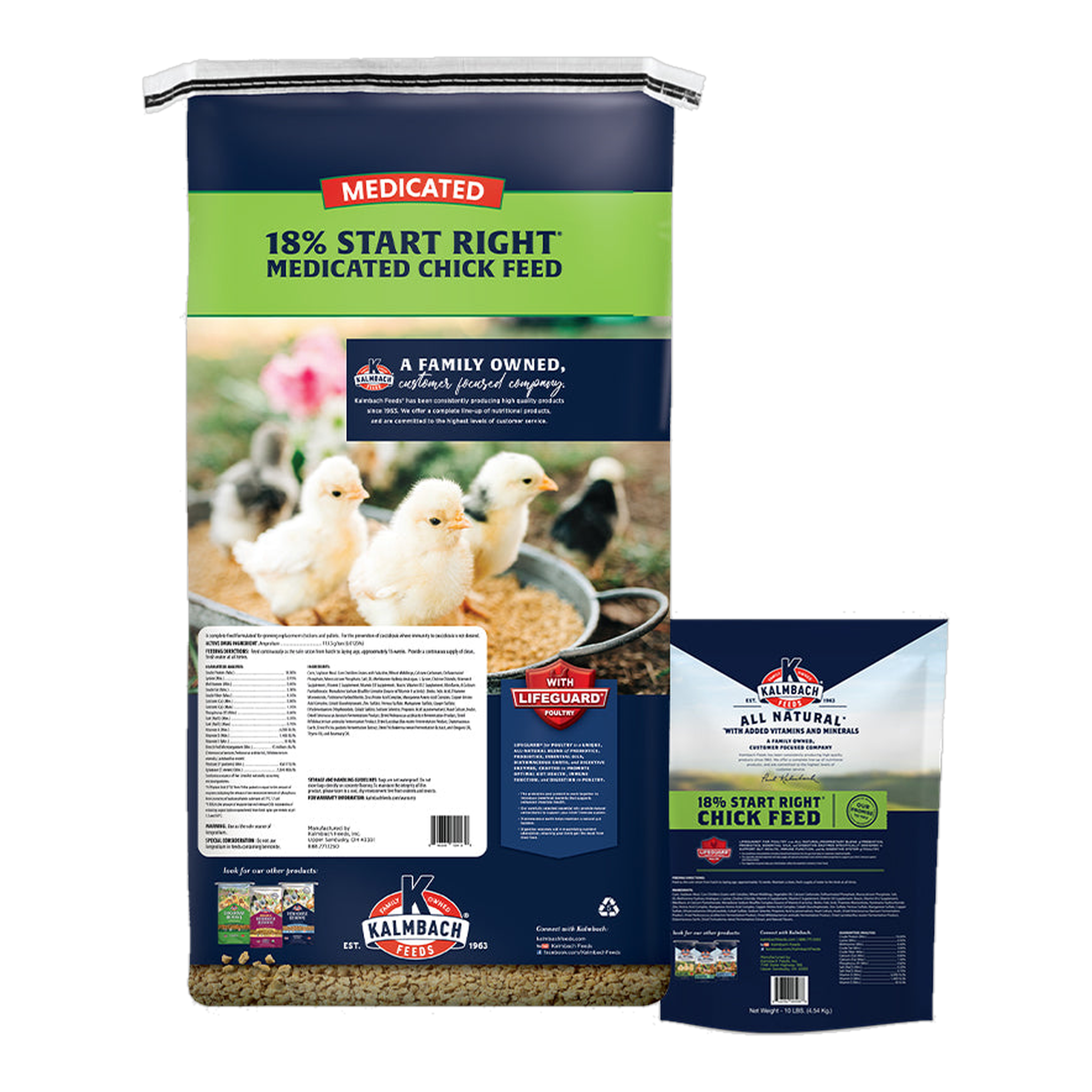 Back labels of Kalmbach 18% Start Right Medicated Chick Feed bags with feeding directions