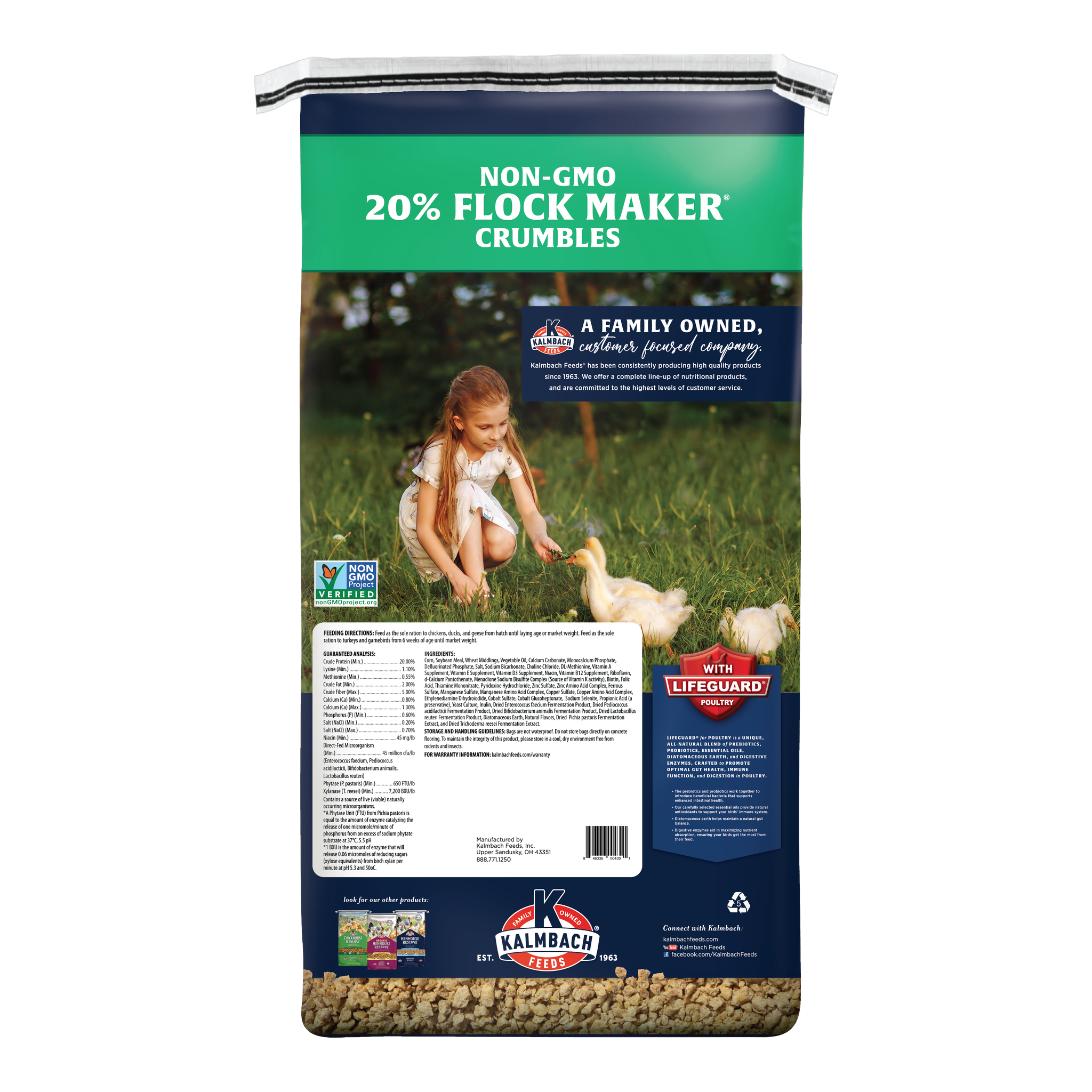 Kalmbach Feeds 20% Flock Maker Non-GMO Crumble 50 lb bag back with feeding directions and guaranteed analysis