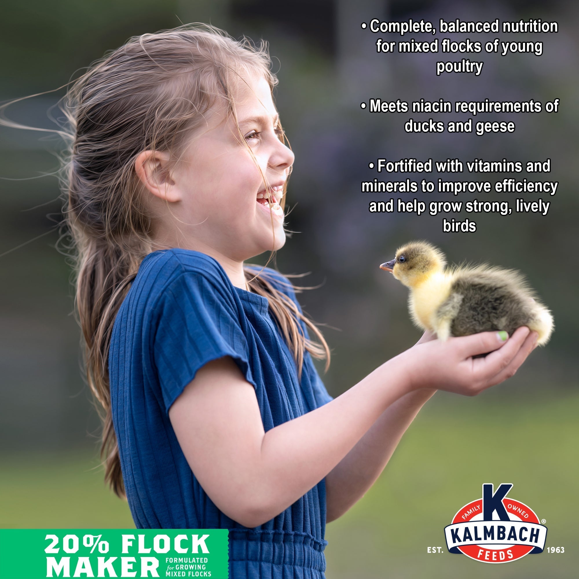 Kalmbach 20% Flock Maker benefits for mixed flocks of young poultry