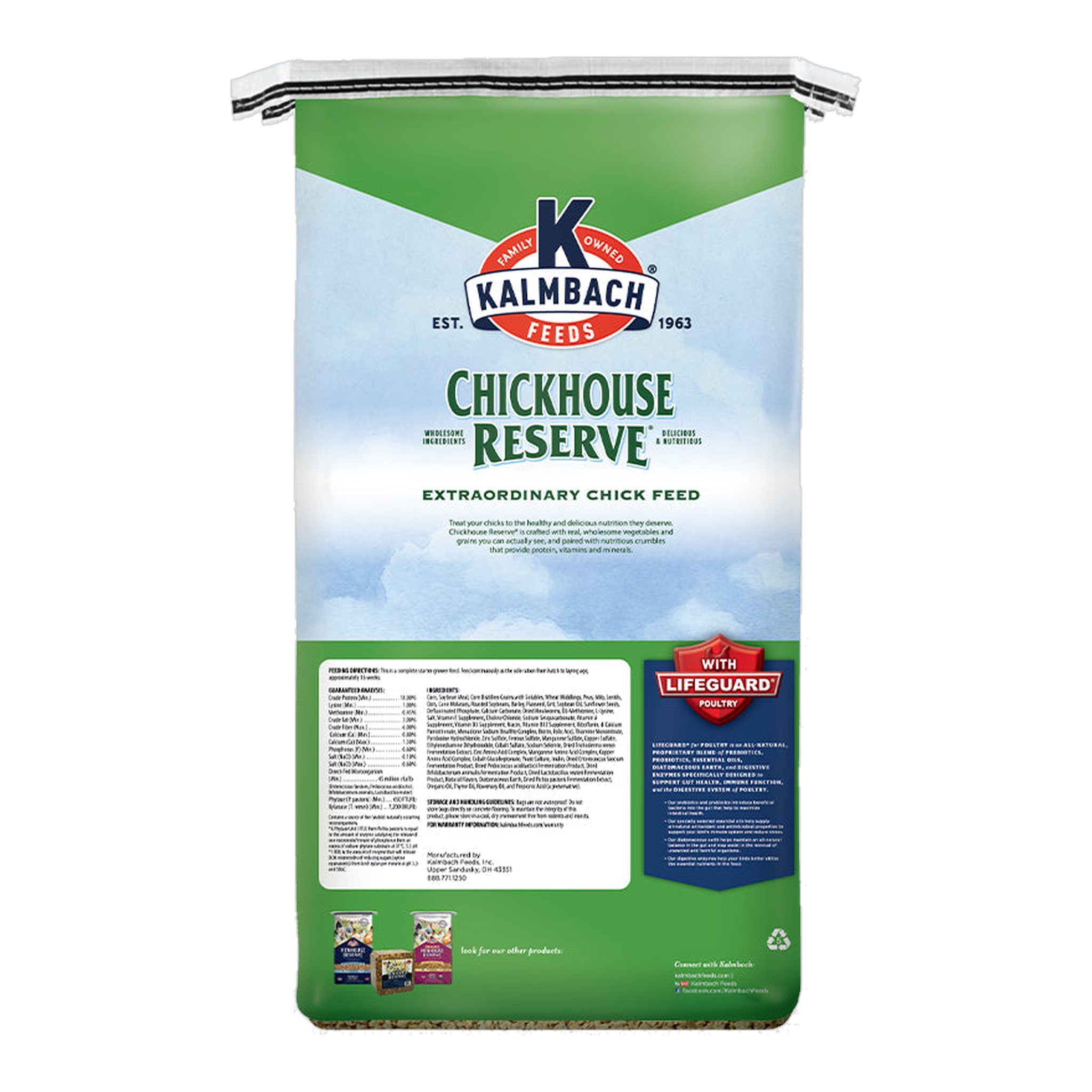 Kalmbach Feeds Chickhouse Reserve Chicken Starter Feed 30 lb bag back with guaranteed analysis and ingredients