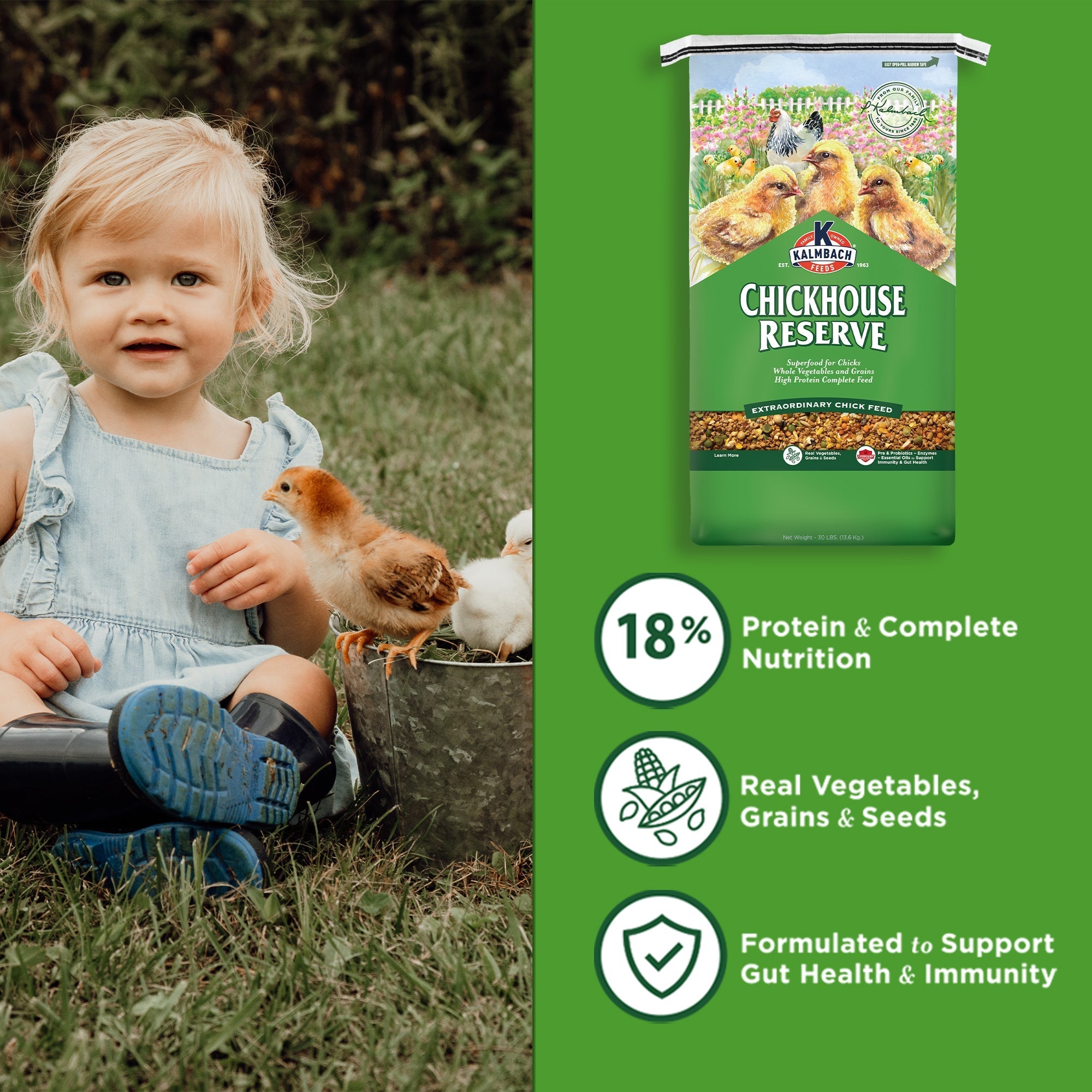 Child with chicks next to Chickhouse Reserve benefits: 18% protein, real vegetables, gut health support