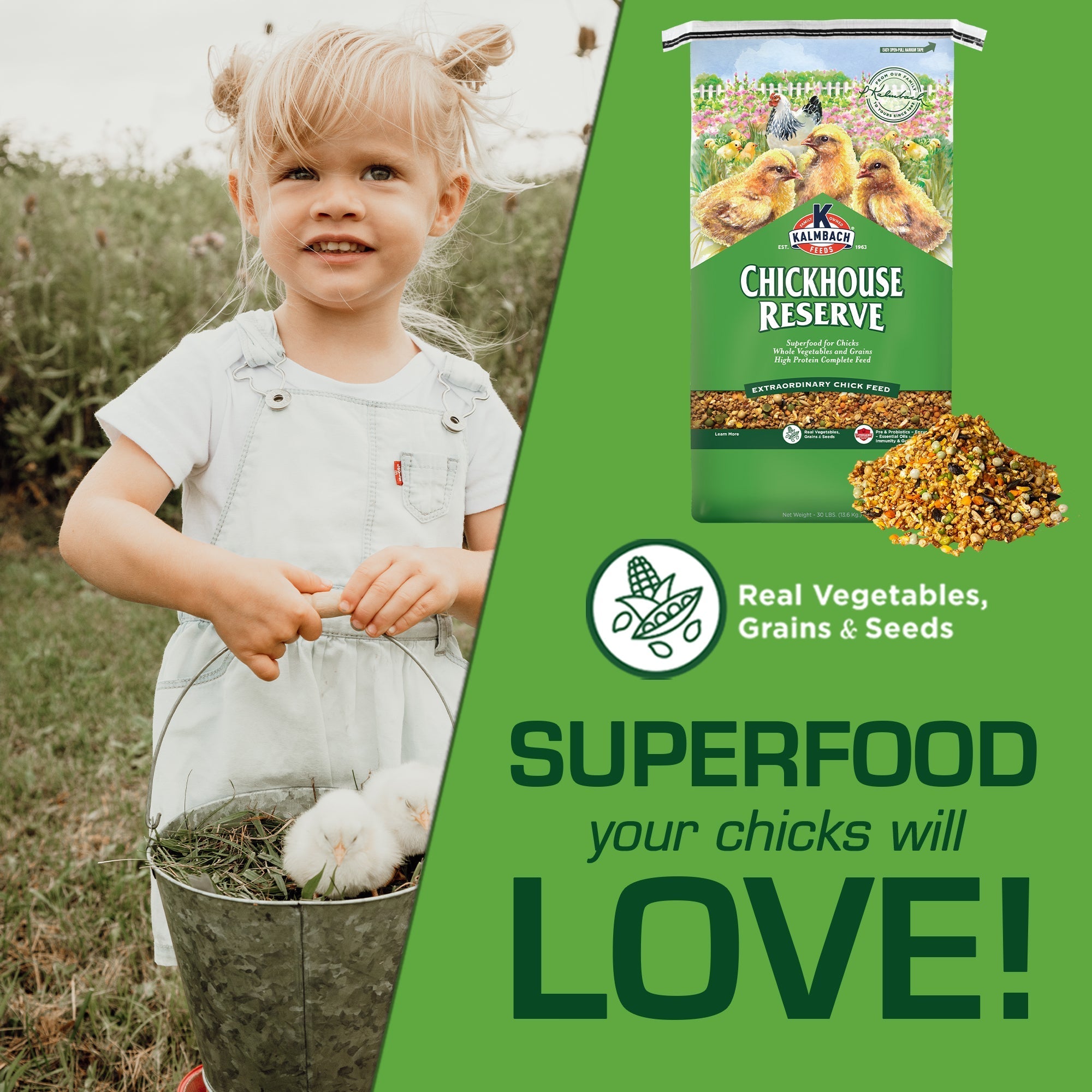 Superfood your chicks will love graphic with girl carrying bucket of chicks