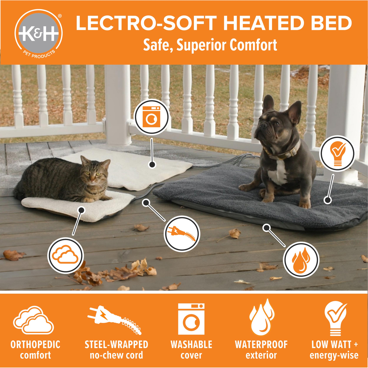 K&H Lectro-Soft heated bed features: orthopedic comfort, steel wrapped no-chew cord, washable cover, waterproof exterior, low watt