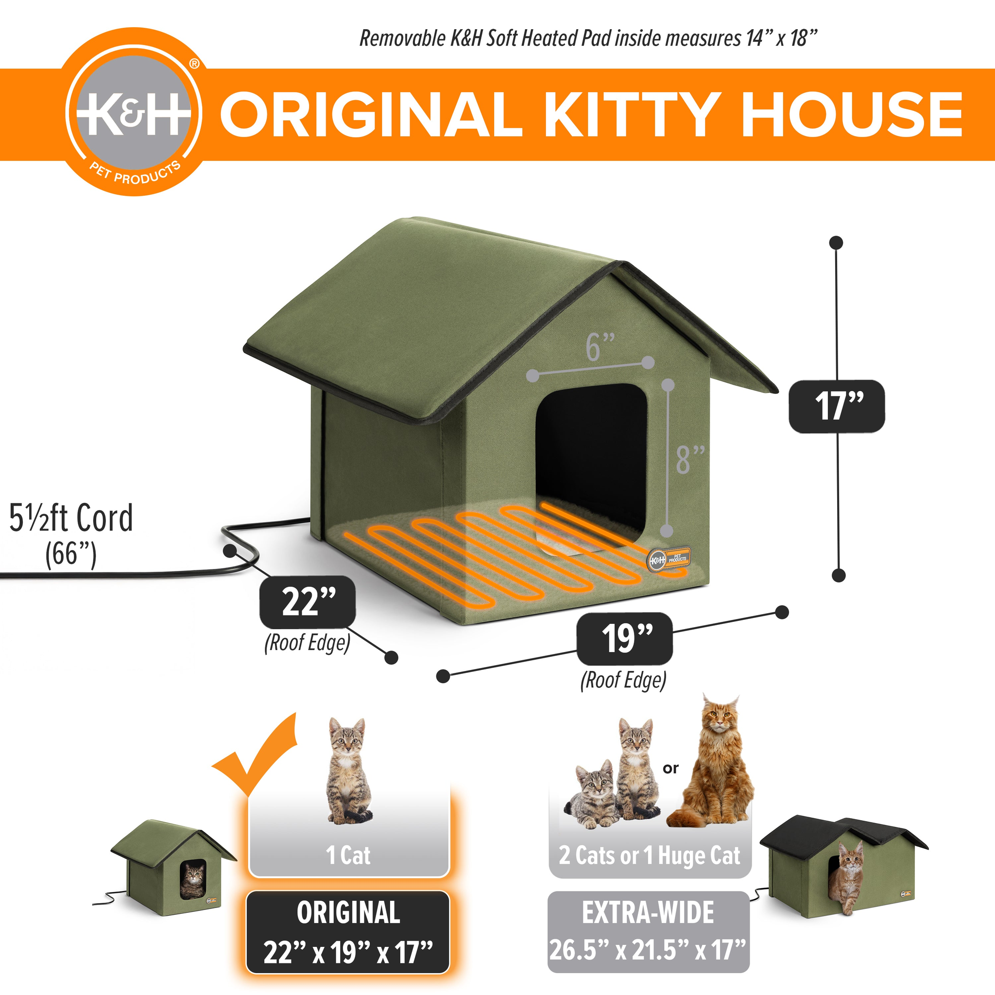 K&H Outdoor Heated Kitty House dimensions 22 by 19 by 17 inches with 5.5 foot cord