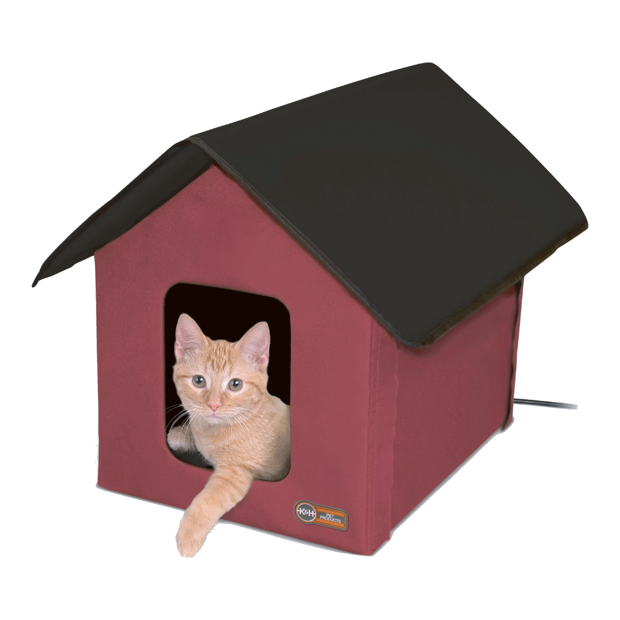 K&H Outdoor Heated Kitty House in red with black roof and a cat looking out