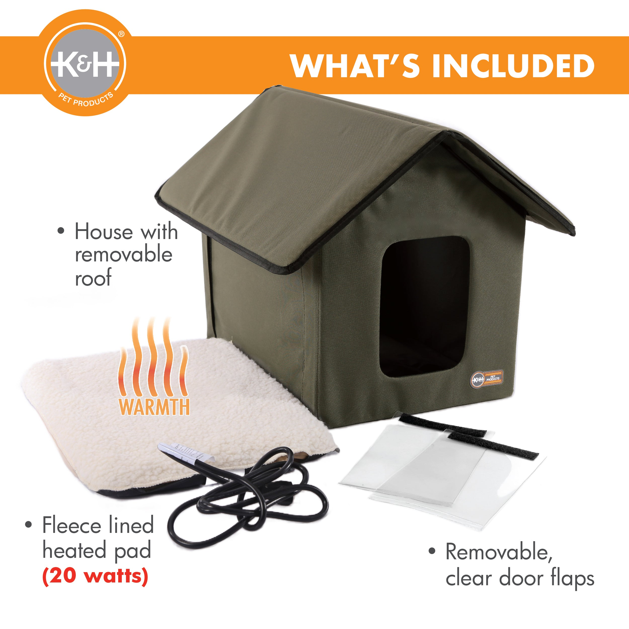 What is included with the K&H Outdoor Heated Kitty House: house, removable roof, 20 watt fleece lined heated pad and clear door flaps