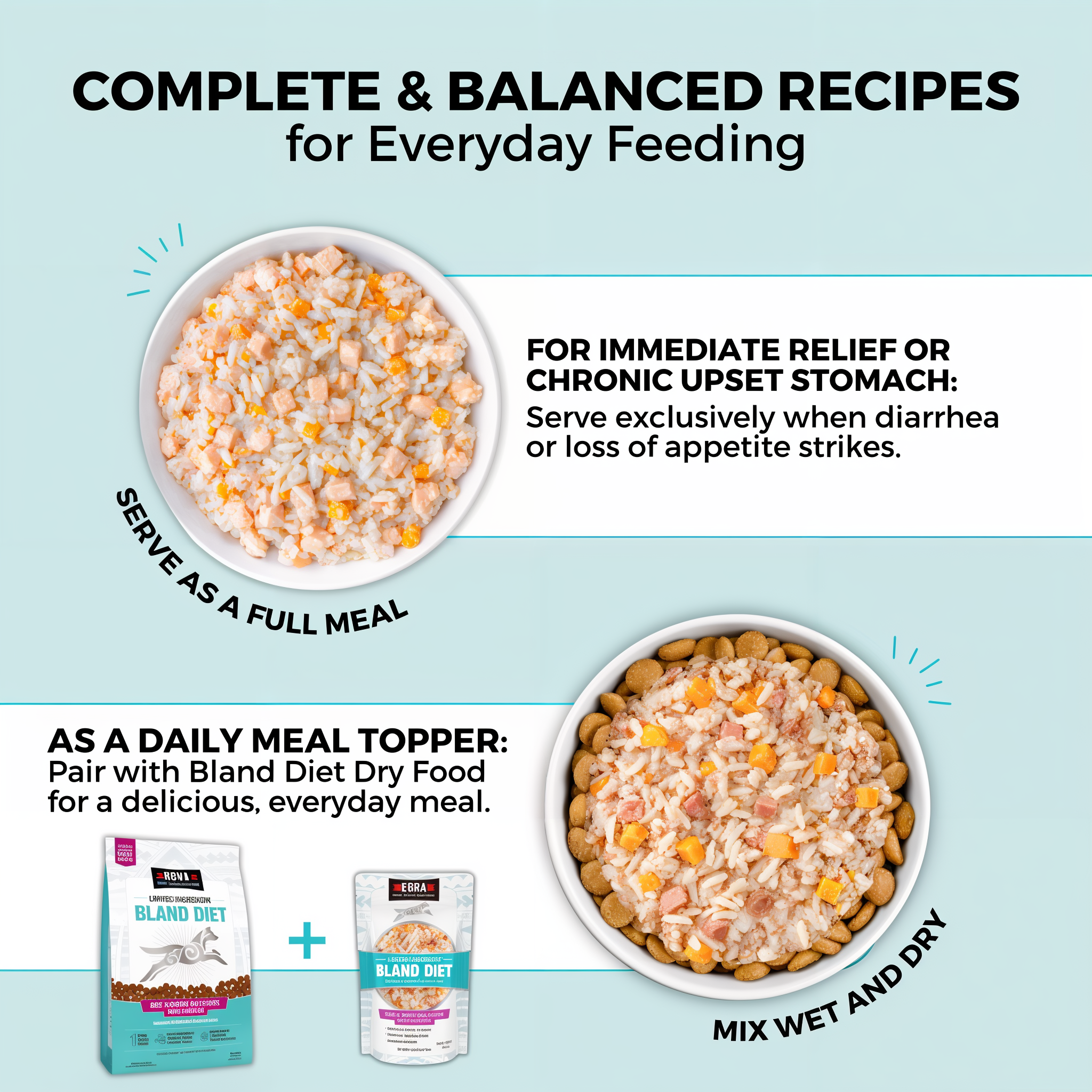 KOHA Bland Diet serving options for everyday feeding: serve as a full meal for digestive relief or mix wet and dry as a daily meal topper
