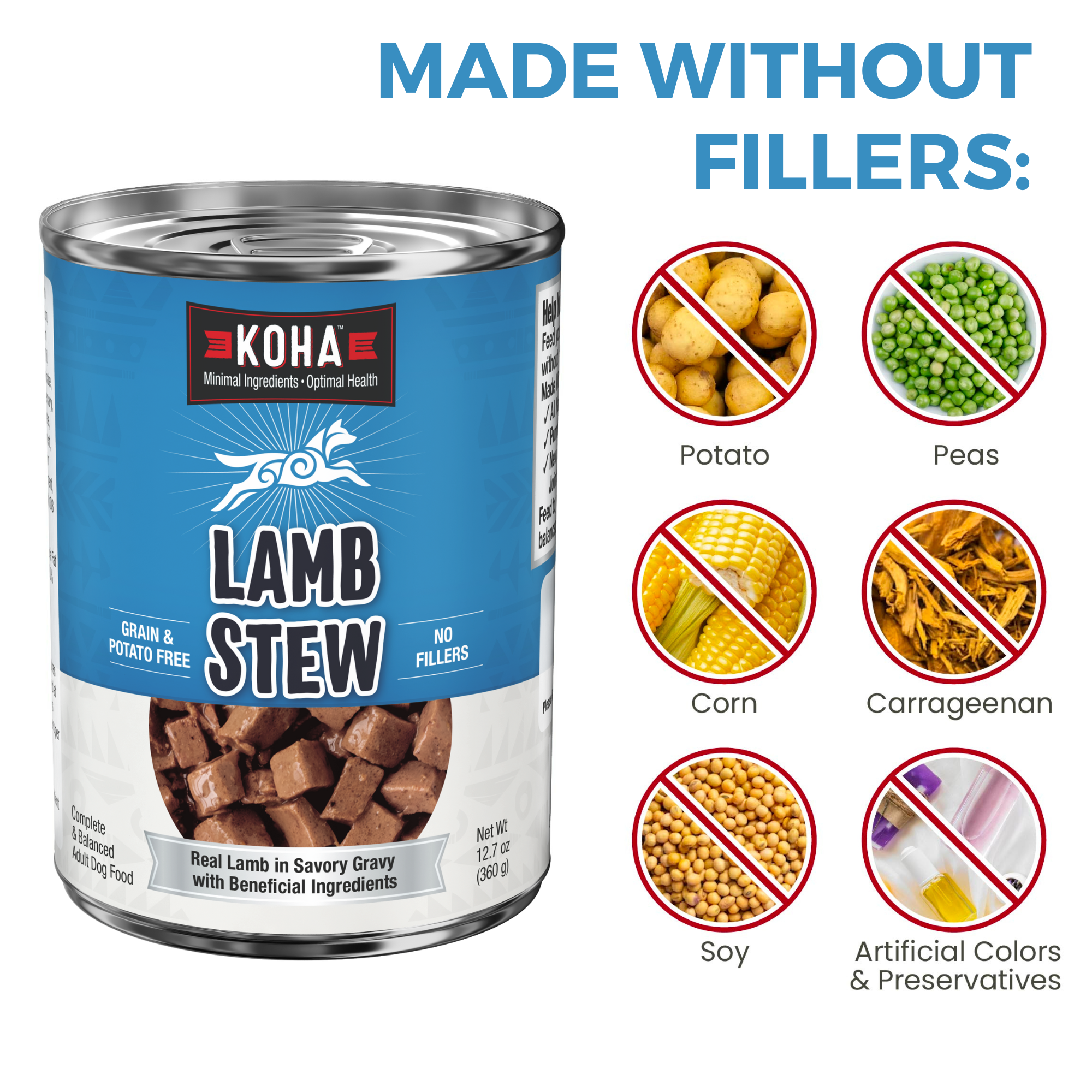KOHA Lamb Stew for dogs is made without fillers: no potato, peas, corn, carrageenan, soy, or artificial colors and preservatives