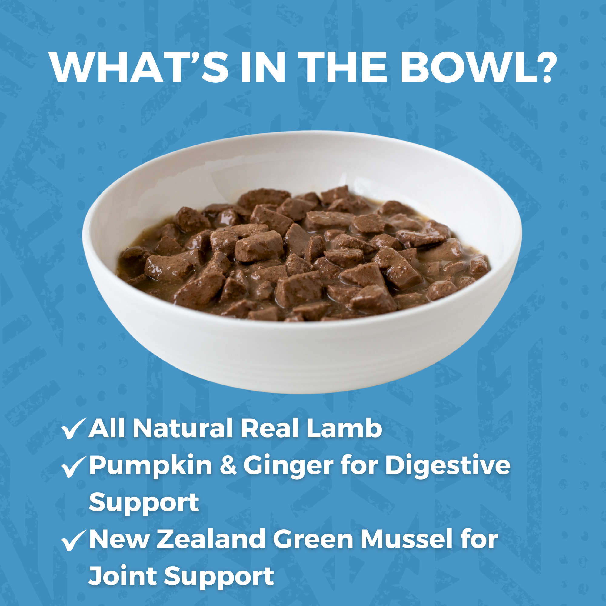 Bowl of KOHA Lamb Stew for dogs with all natural real lamb, pumpkin and ginger for digestive support, and New Zealand green mussel for joint support