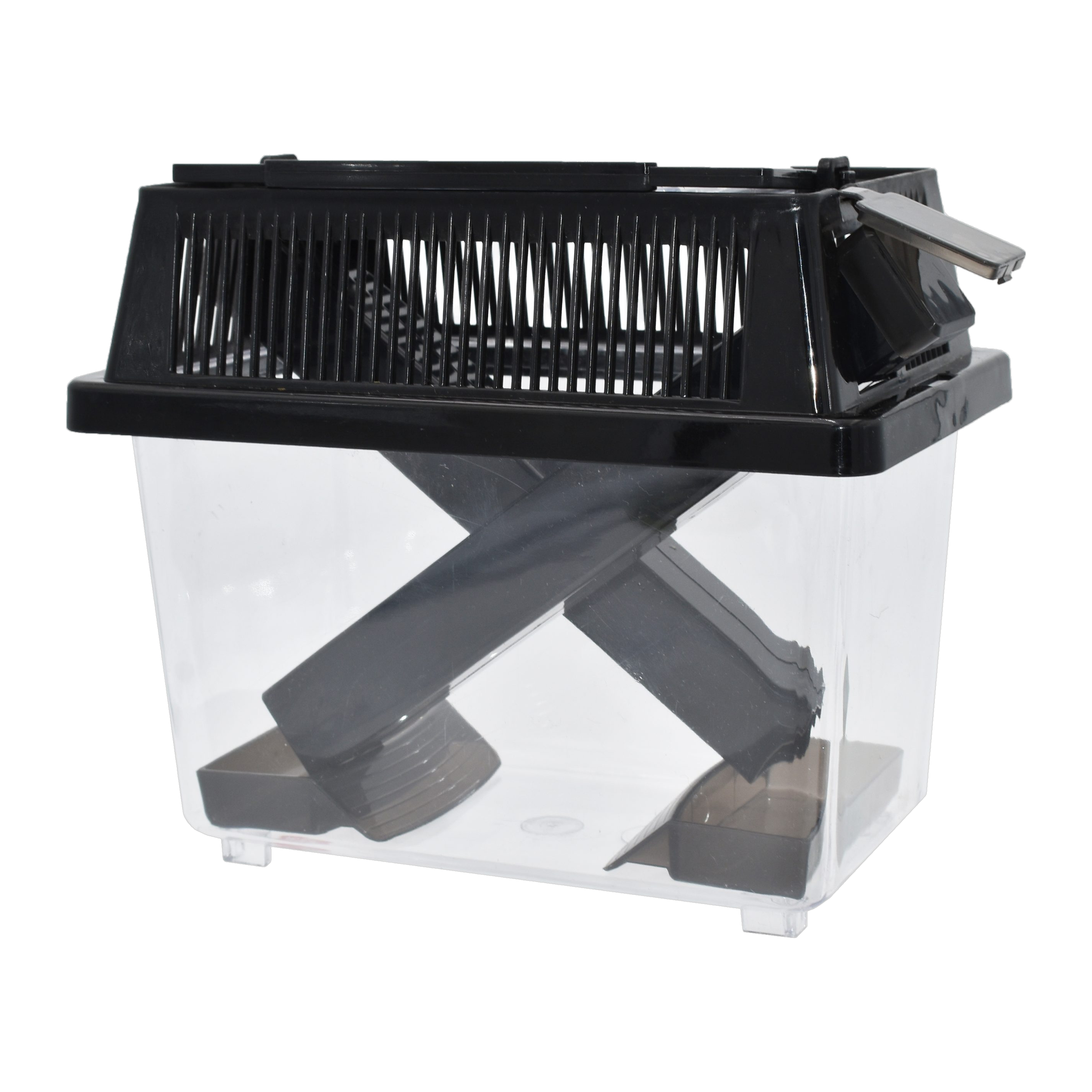 Komodo Cricket Keeper small 7 inch, clear plastic housing with vented black lid and two dark cricket dispensing tubes