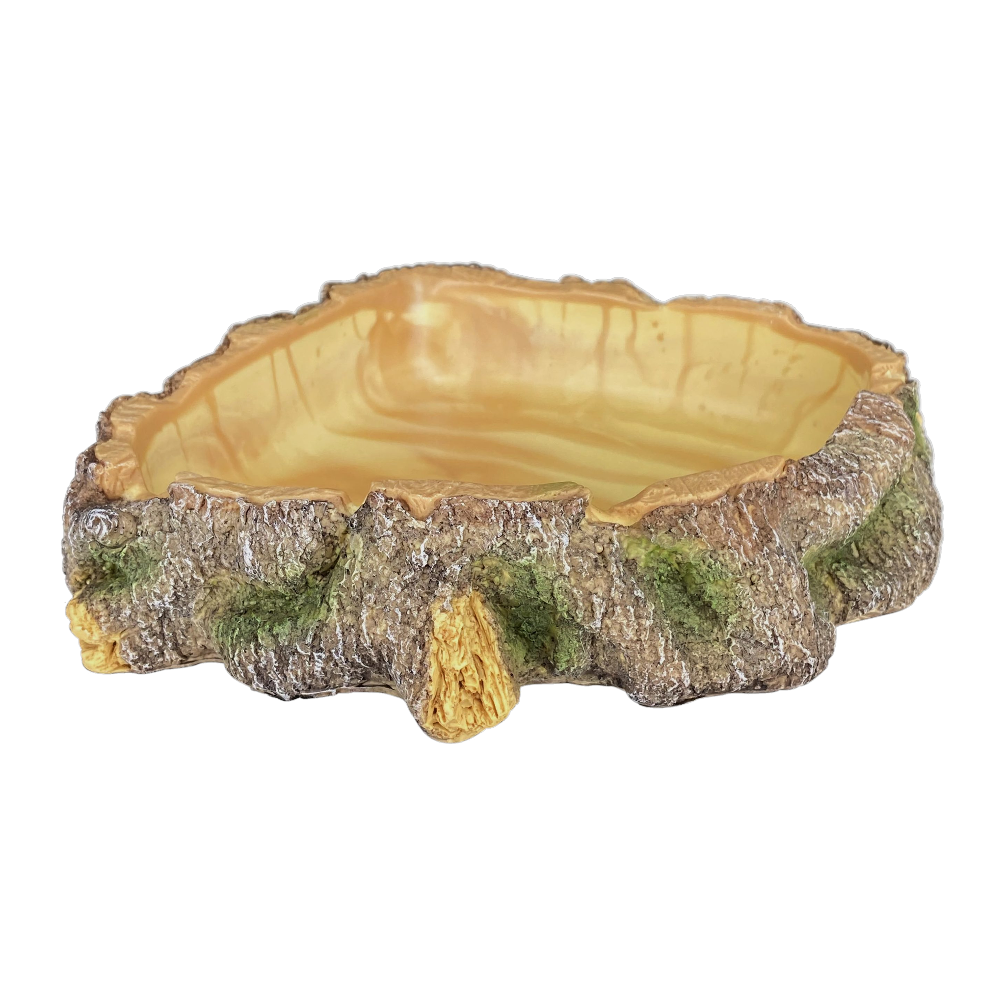 Komodo Wood Corner Bowl front view -- bark-textured resin reptile food and water dish with tan basin