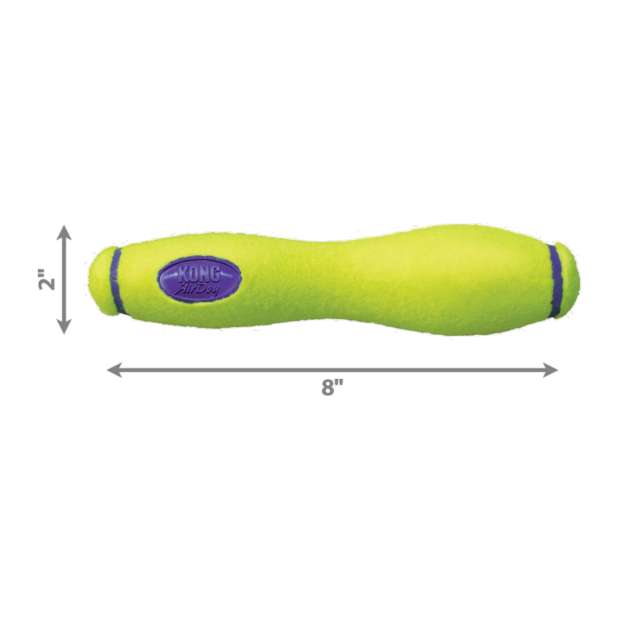 KONG AirDog Squeaker Stick size diagram showing 8 inch length by 2 inch diameter