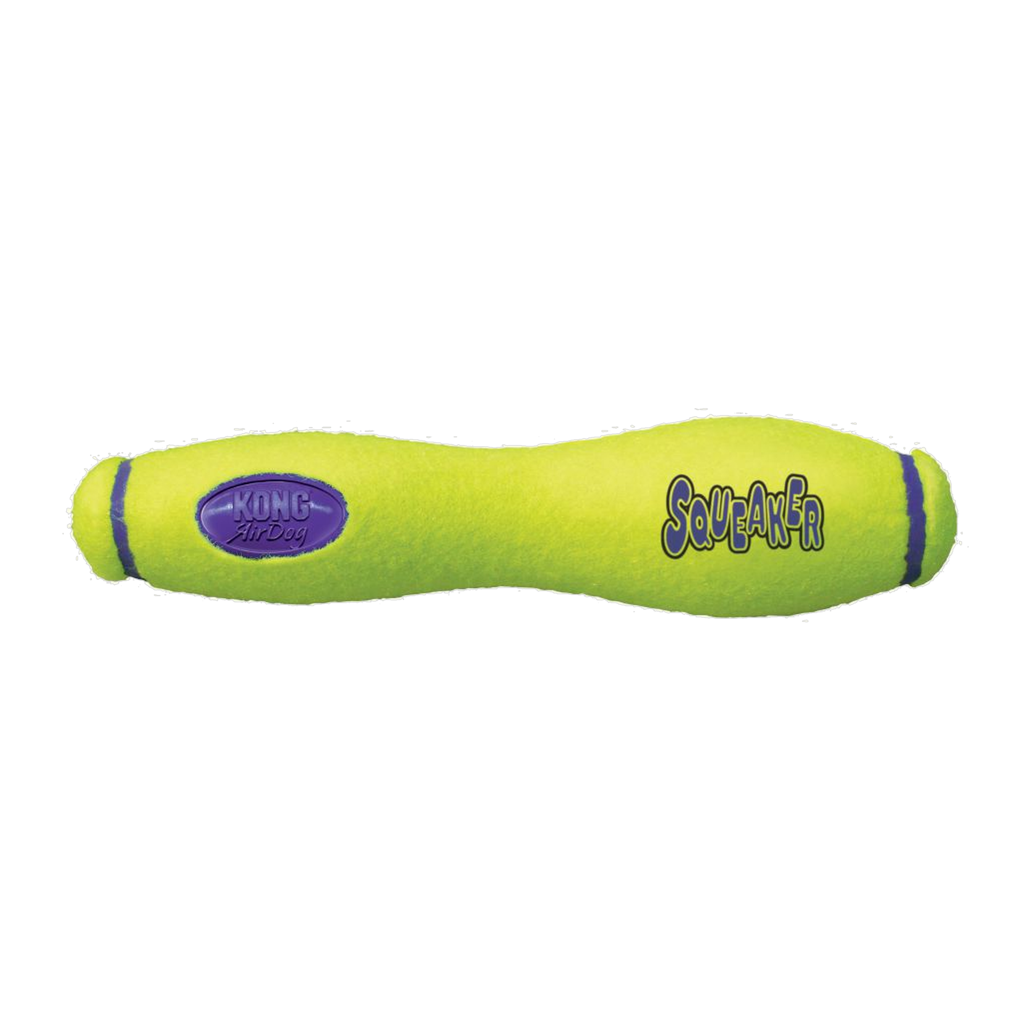KONG AirDog Squeaker Stick dog fetch toy in tennis-yellow with purple KONG AirDog logo