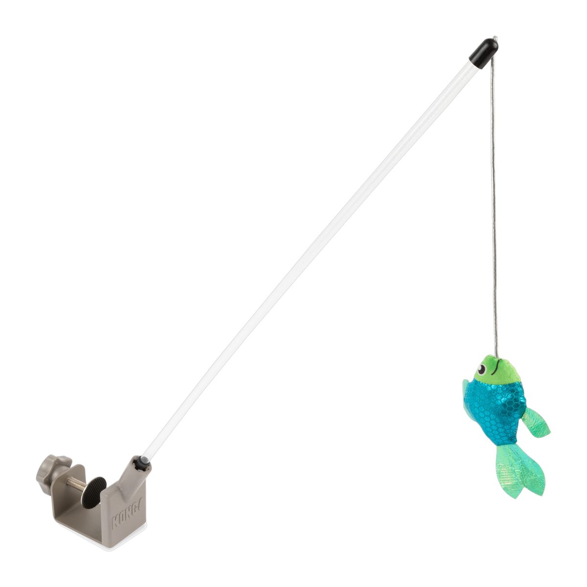 KONG Connects Angler Door Teaser assembled with clamp base, pole and hanging plush fish