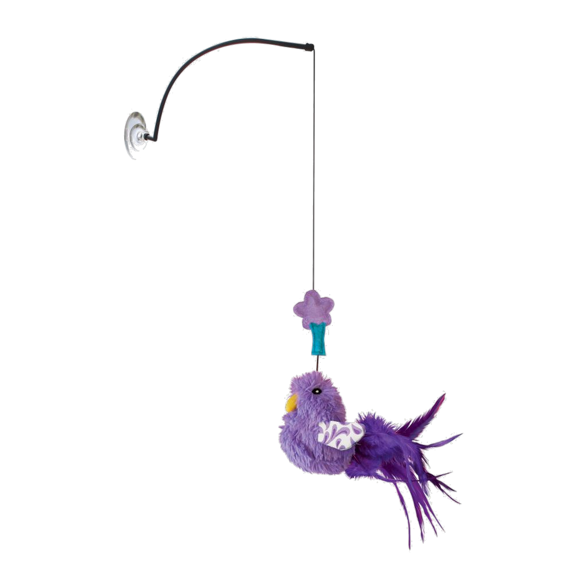 KONG Connects Window Teaser cat toy purple feather bird on suction-cup wand