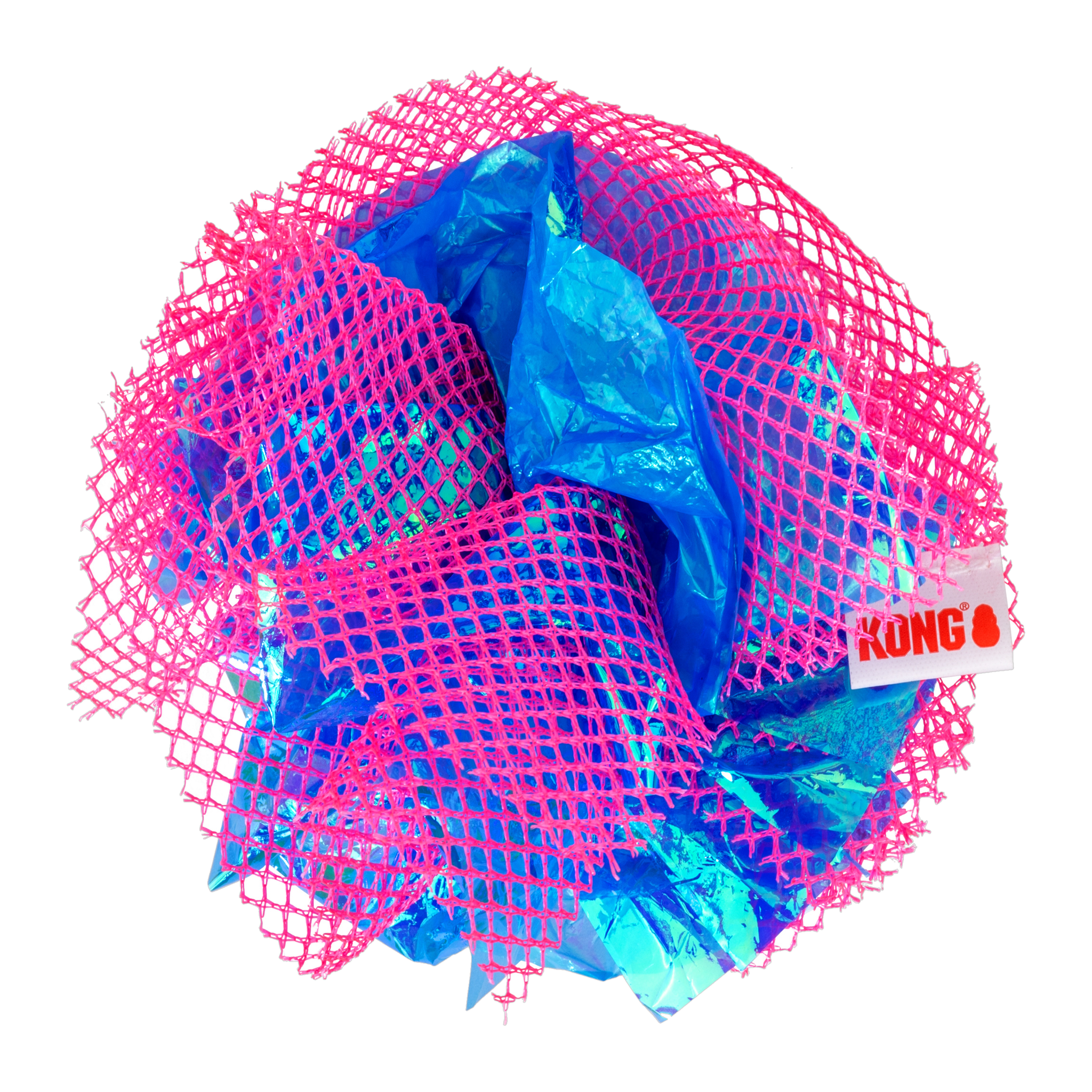 KONG Crackles Fluff Balls cat toy, pink and blue crinkle mesh ball