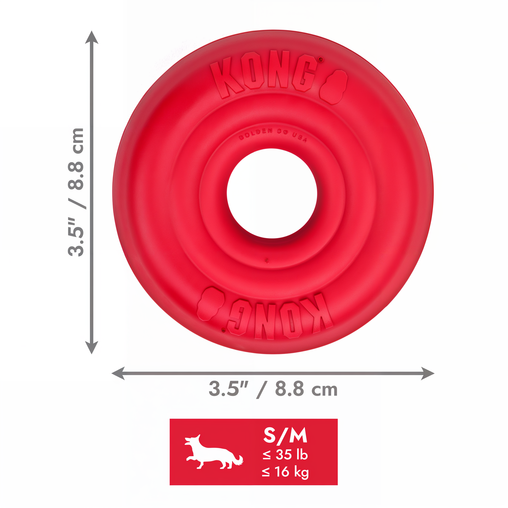 KONG Donut Small/Medium dimensions, 3.5 inches by 1.25 inches