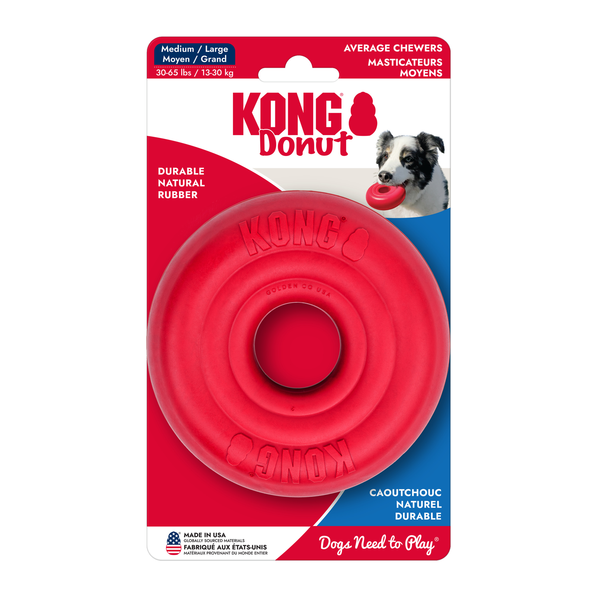 KONG Donut dog toy in retail packaging, Medium/Large size for dogs 30 to 65 lbs