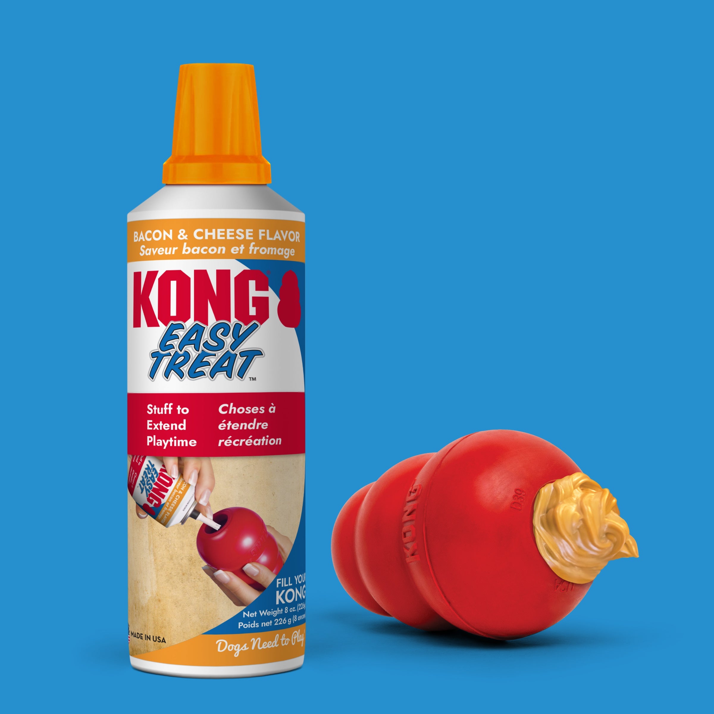KONG Easy Treat Bacon & Cheese can with a stuffed KONG Classic toy