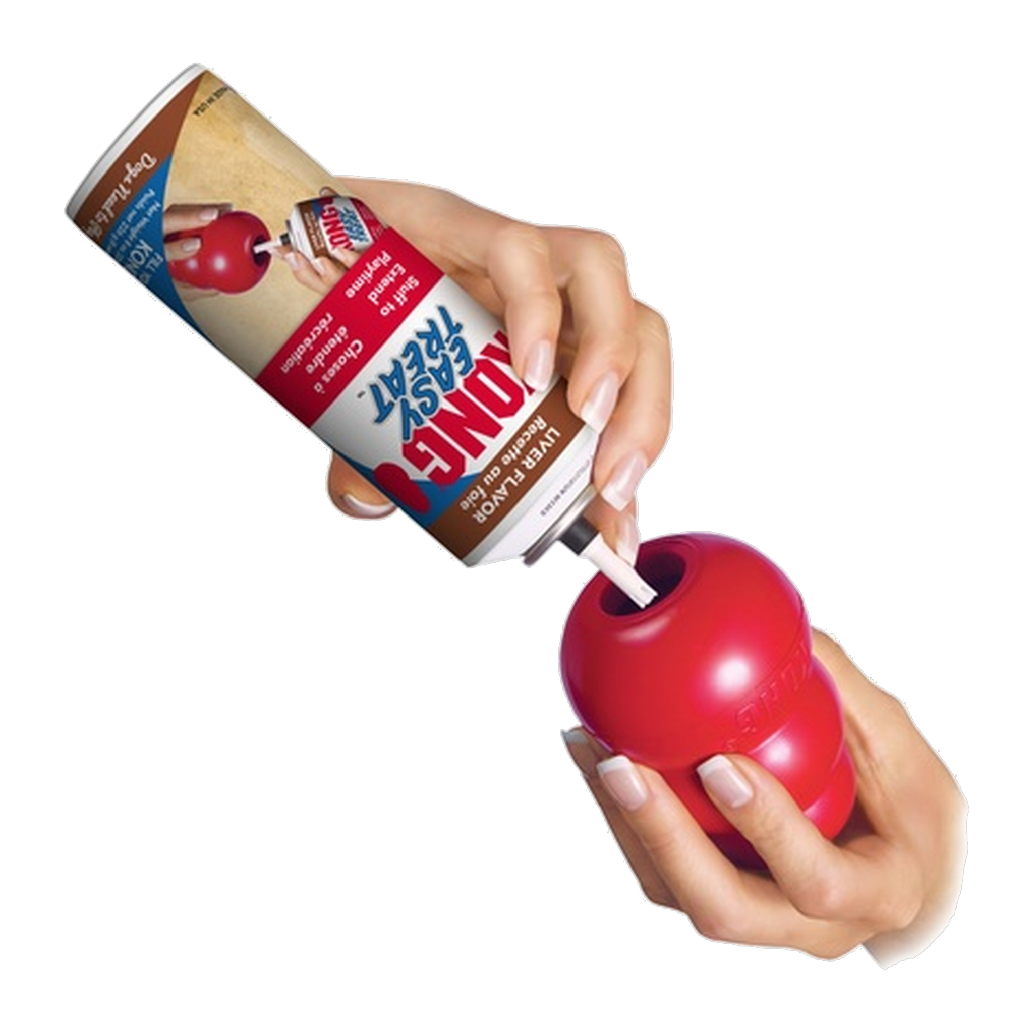 Filling a red KONG toy with KONG Easy Treat Liver Flavor paste