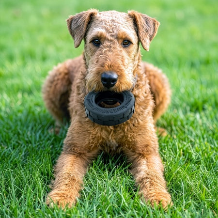 Dog lying in grass with a KONG tire toy