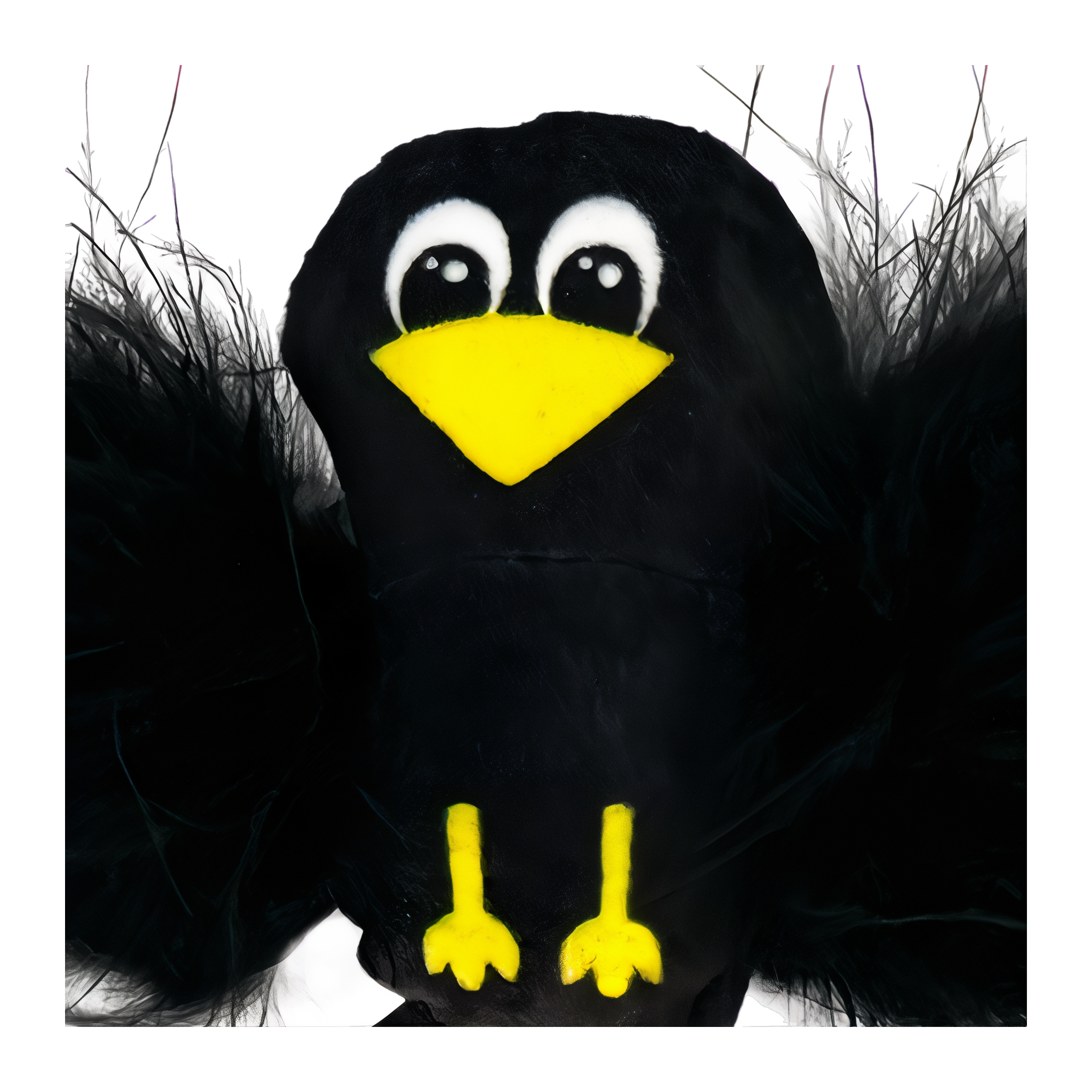 Close-up of the plush crow with real feather wings