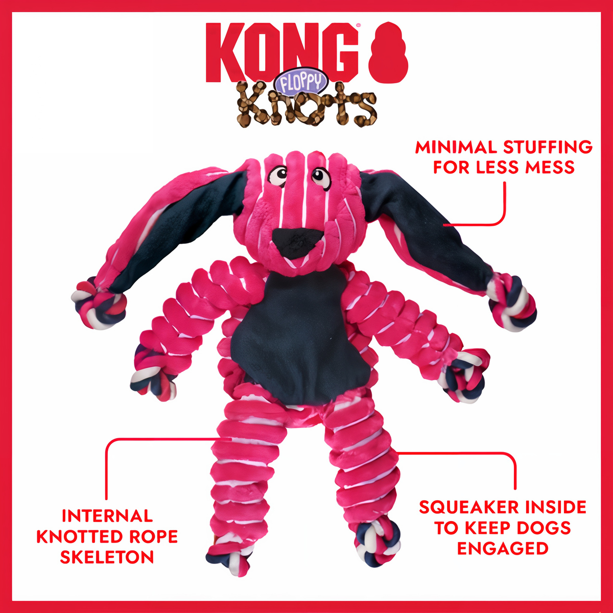KONG Floppy Knots feature callouts: knotted rope skeleton, squeaker, minimal stuffing