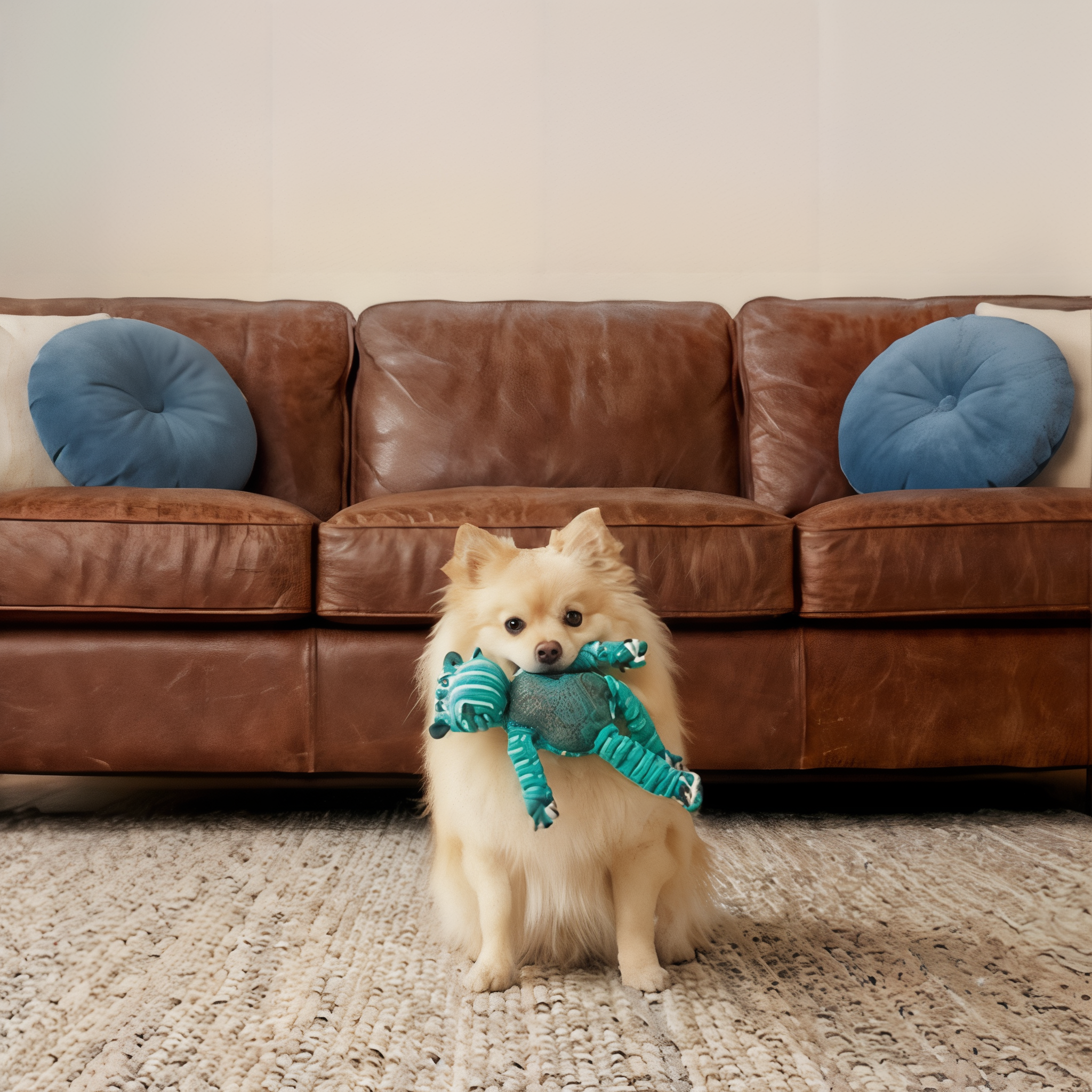 Pomeranian carrying the small KONG Floppy Knots Hippo