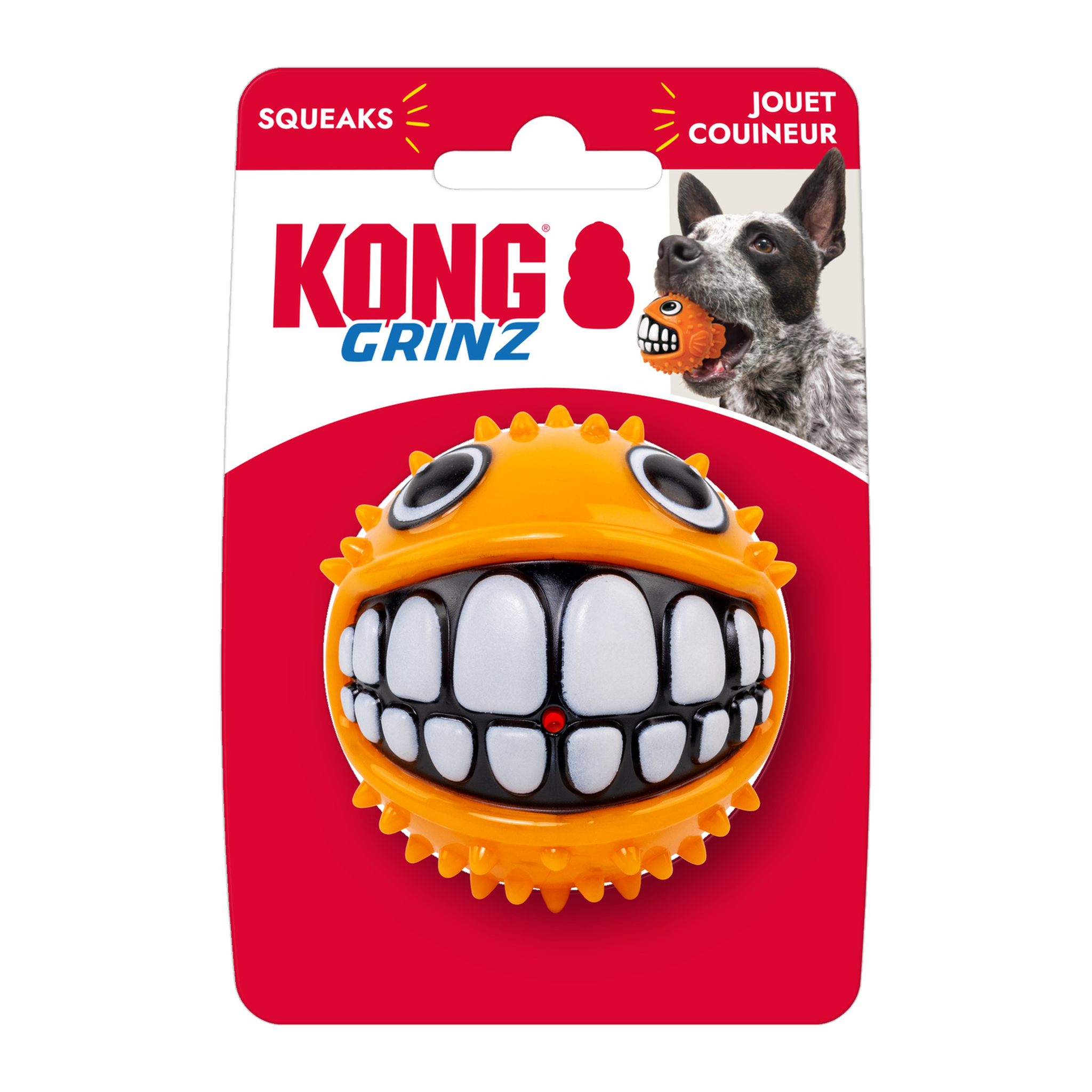 KONG Grinz Puffer Fish squeaky dog toy retail packaging