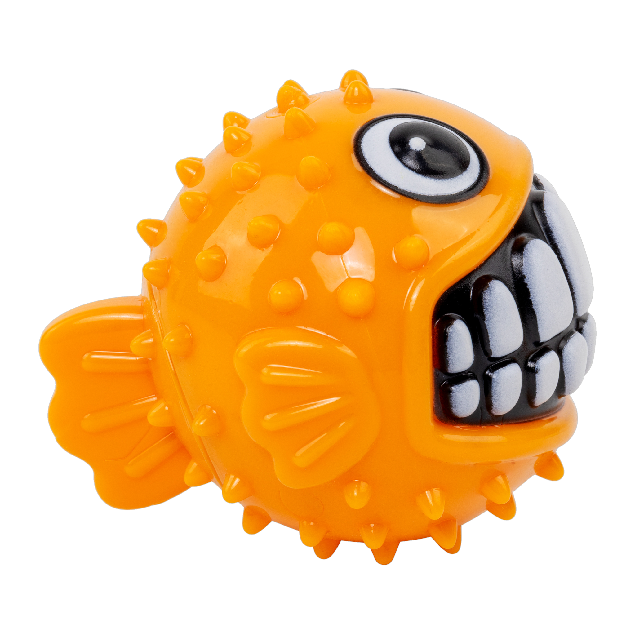 KONG Grinz Puffer Fish dog toy side profile with raised fins and tail