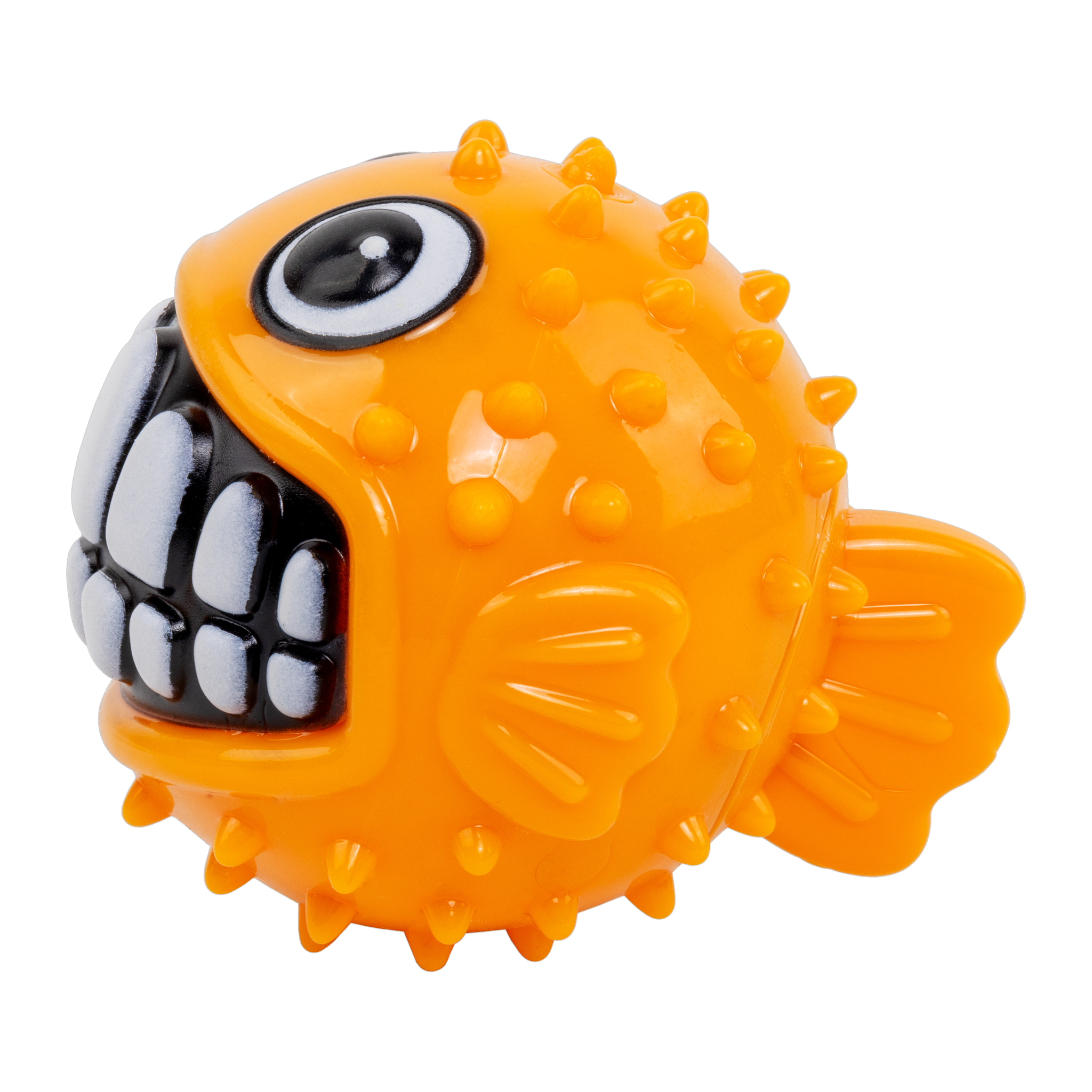 KONG Grinz Puffer Fish dog toy side view showing fins and spiky texture