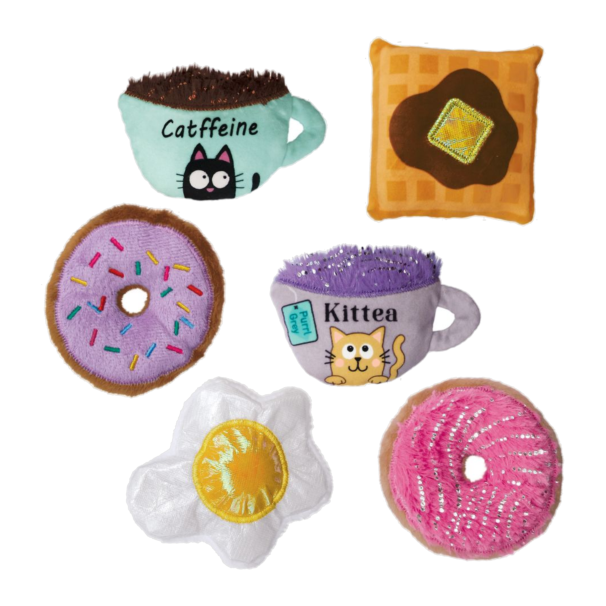 KONG Holiday Scrattles Cafe assorted cat toys including catnip cafe cups, waffle, egg, and donuts