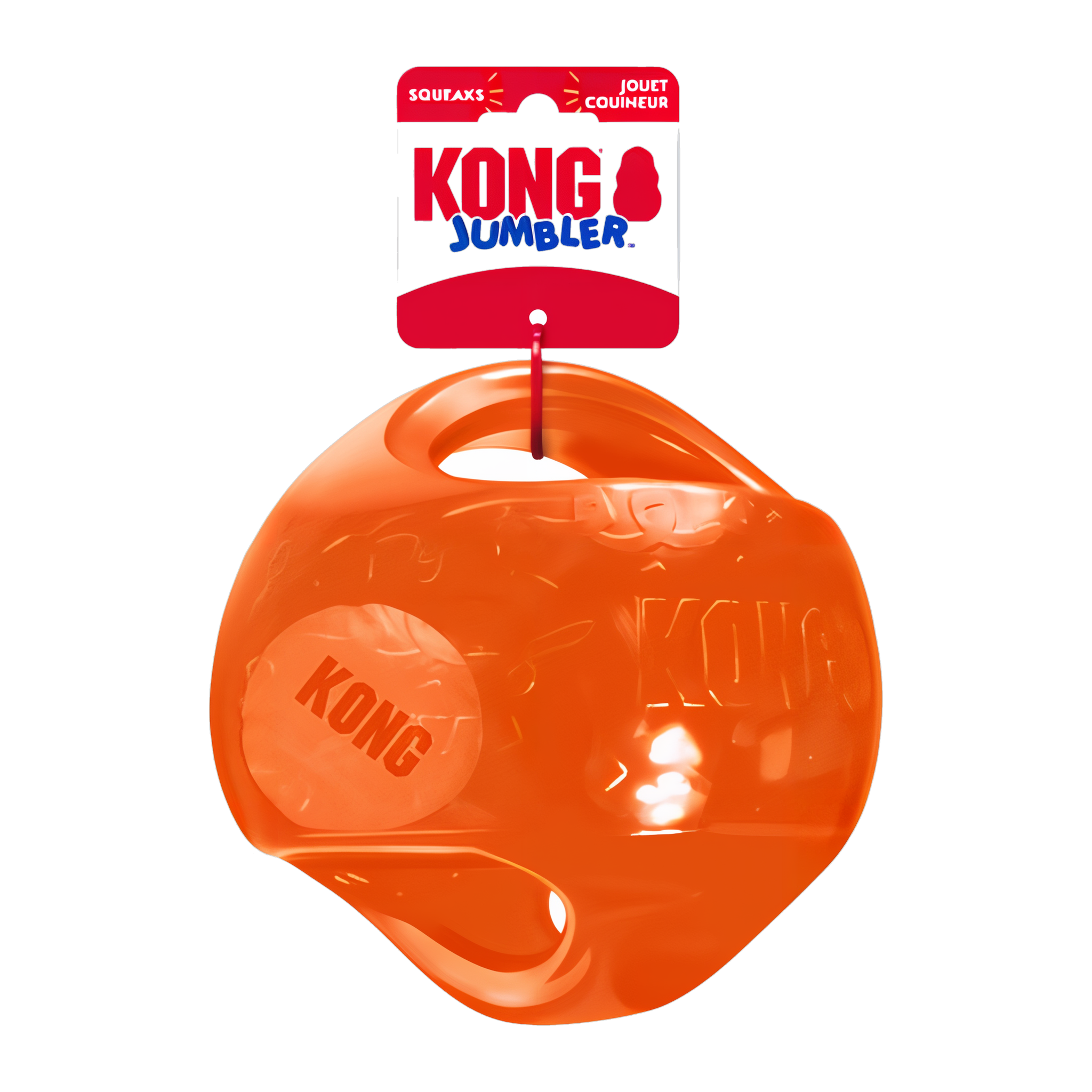 Orange KONG Jumbler Ball squeaker toy with hang tag
