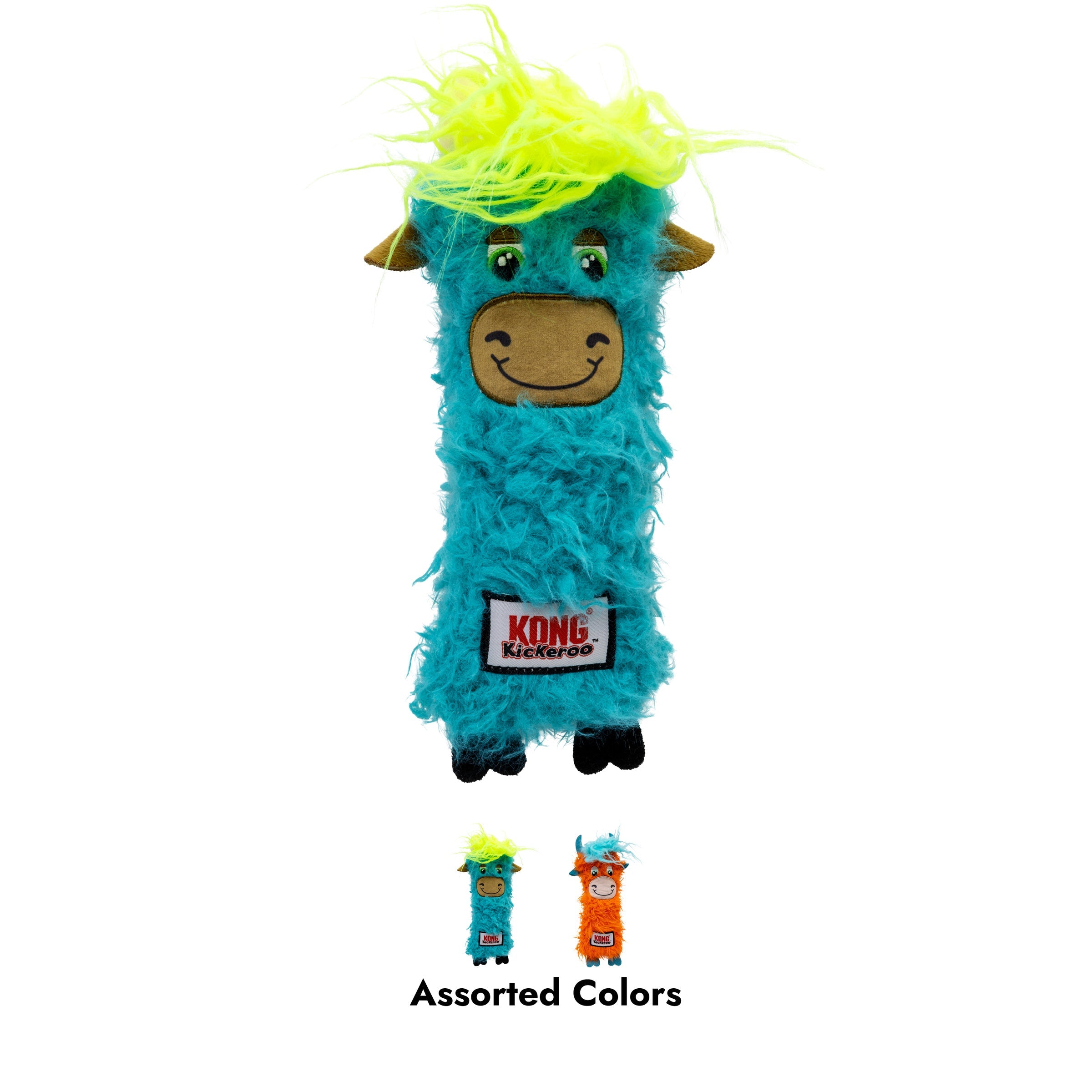 KONG Kickeroo Highland Cow cat toy assorted colors, teal and orange options