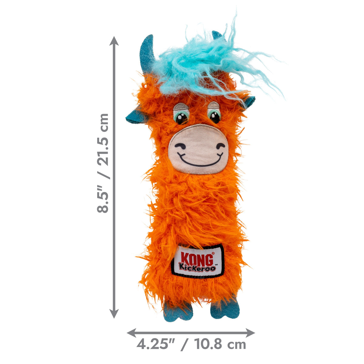 KONG Kickeroo Highland Cow cat toy dimensions, 8.5 inches tall by 4.25 inches wide