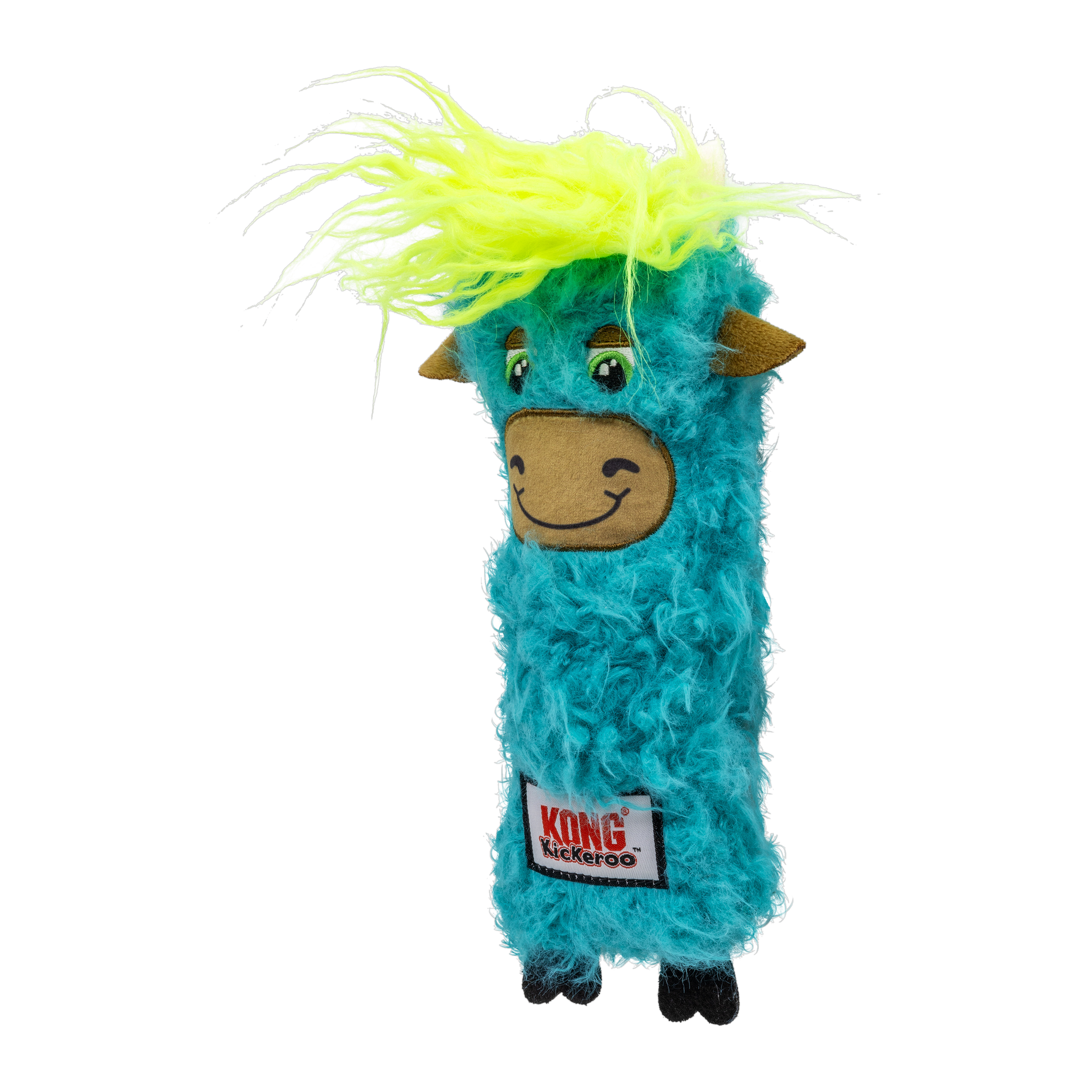 KONG Kickeroo Highland Cow cat toy, teal, angled view