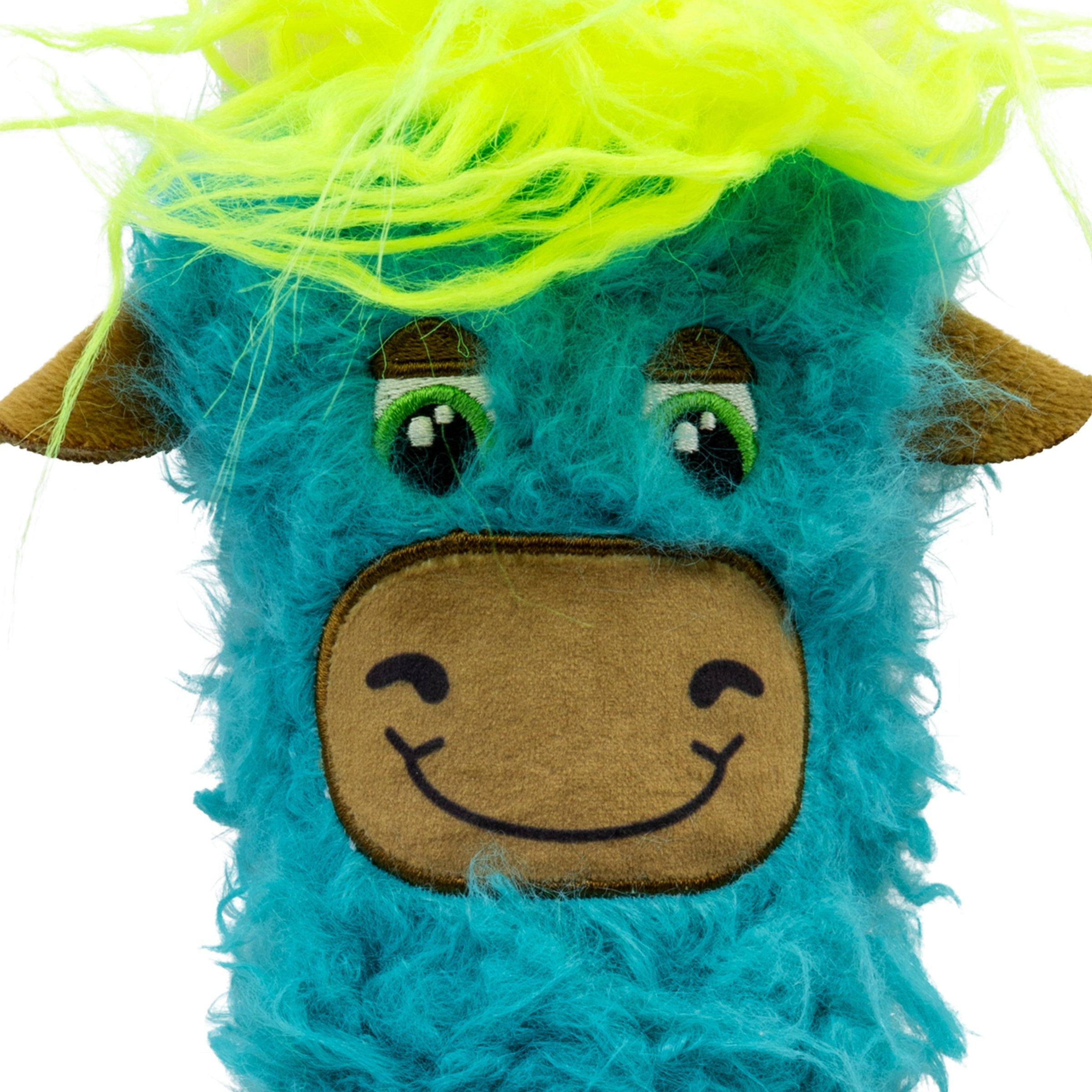 KONG Kickeroo Highland Cow cat toy, teal, face detail with embroidered eyes