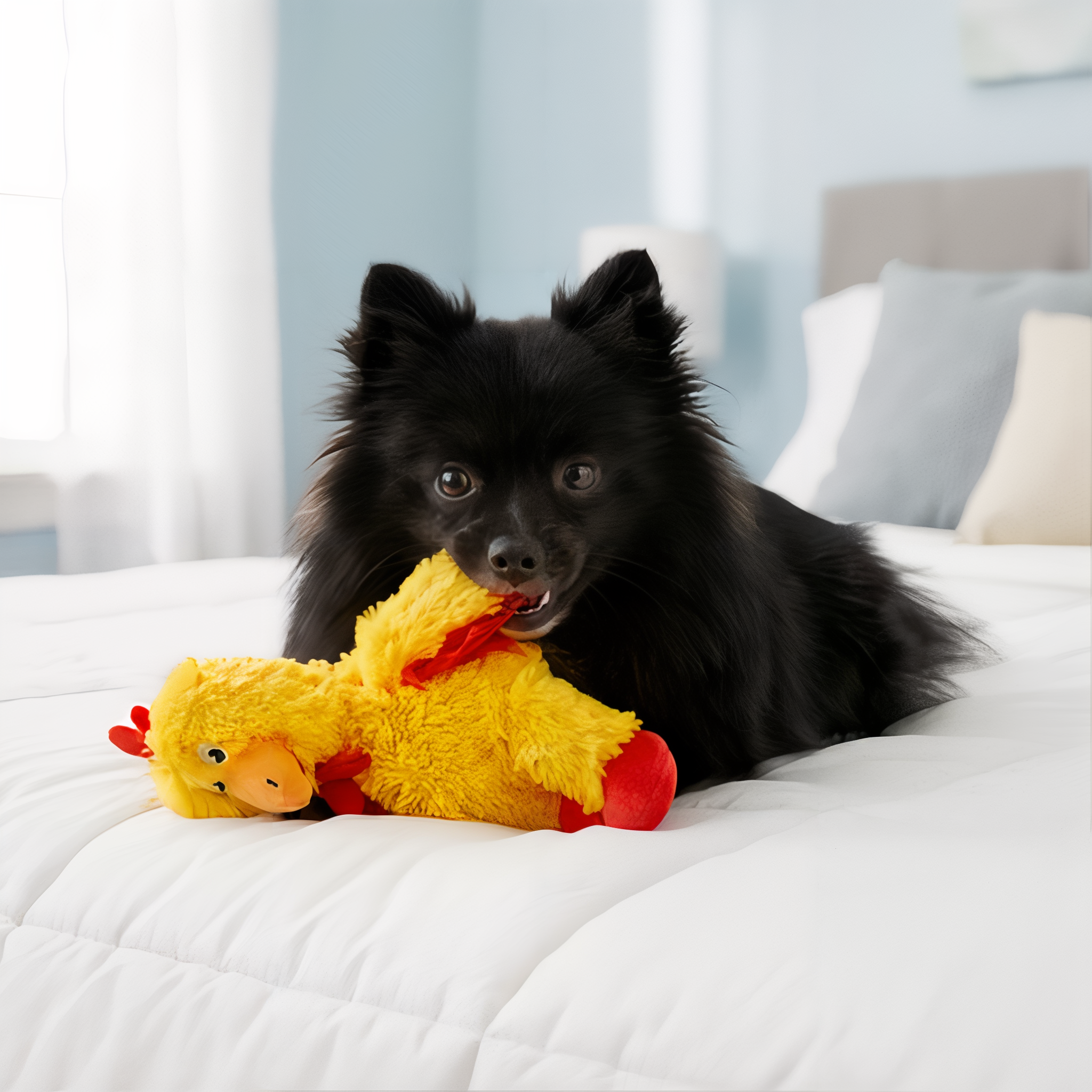 Pomeranian chewing the small KONG Knots Chicken plush dog toy on a bed