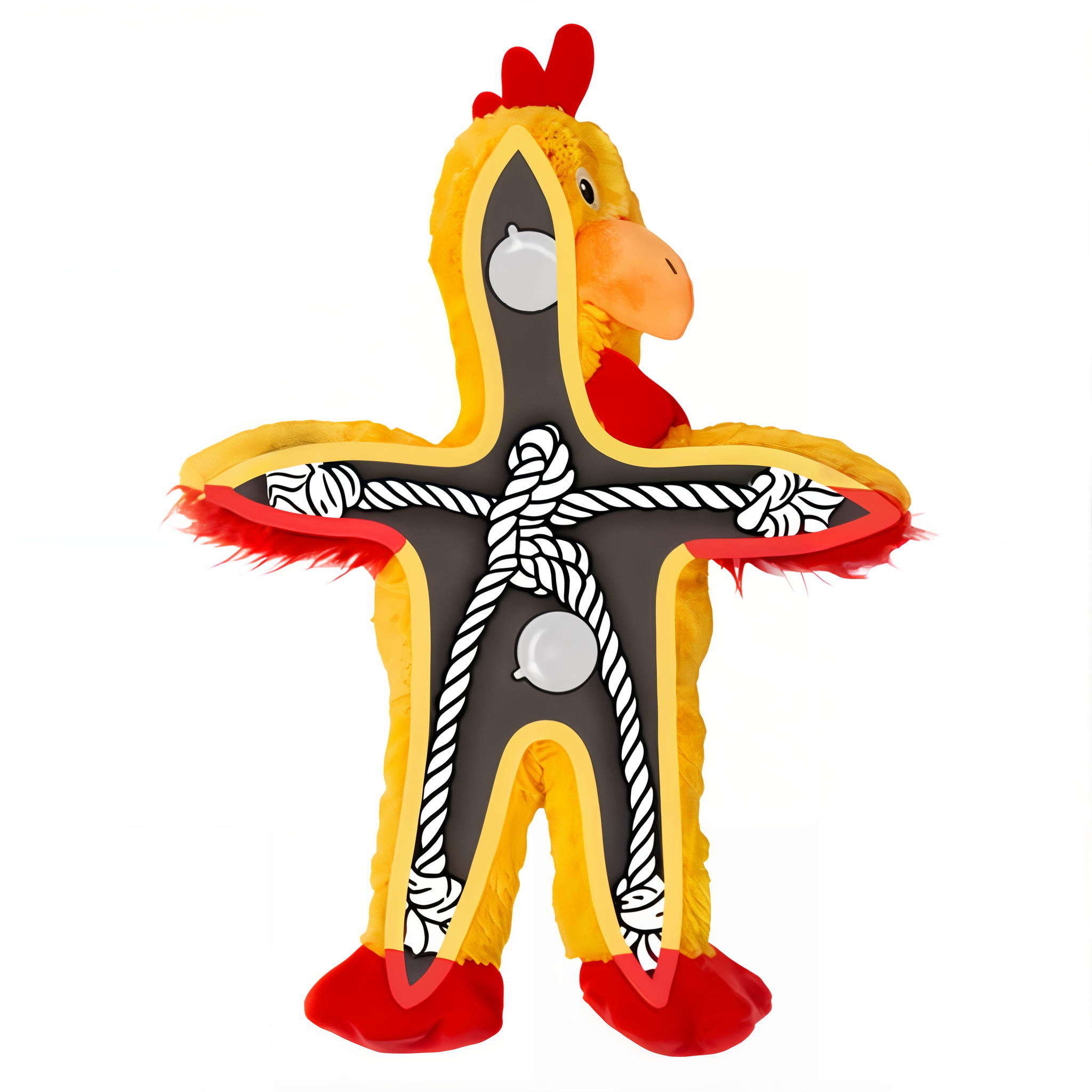 Cutaway showing the internal knotted rope skeleton and two squeakers of the KONG Knots Chicken