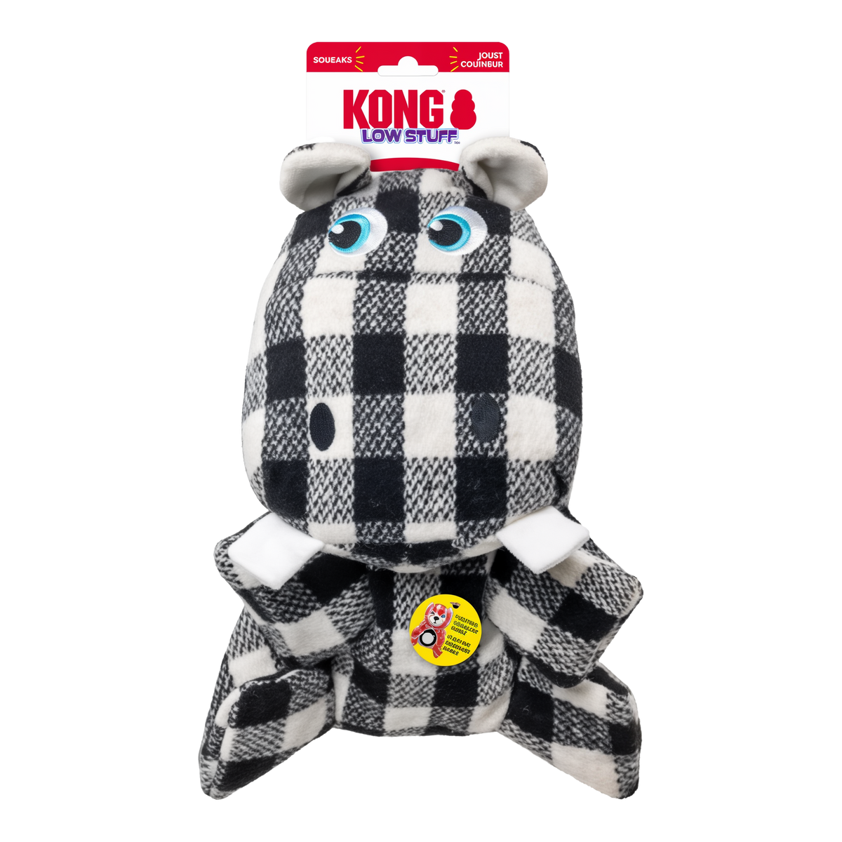 KONG Low Stuff Flanimalz Hippo dog toy on its retail header card